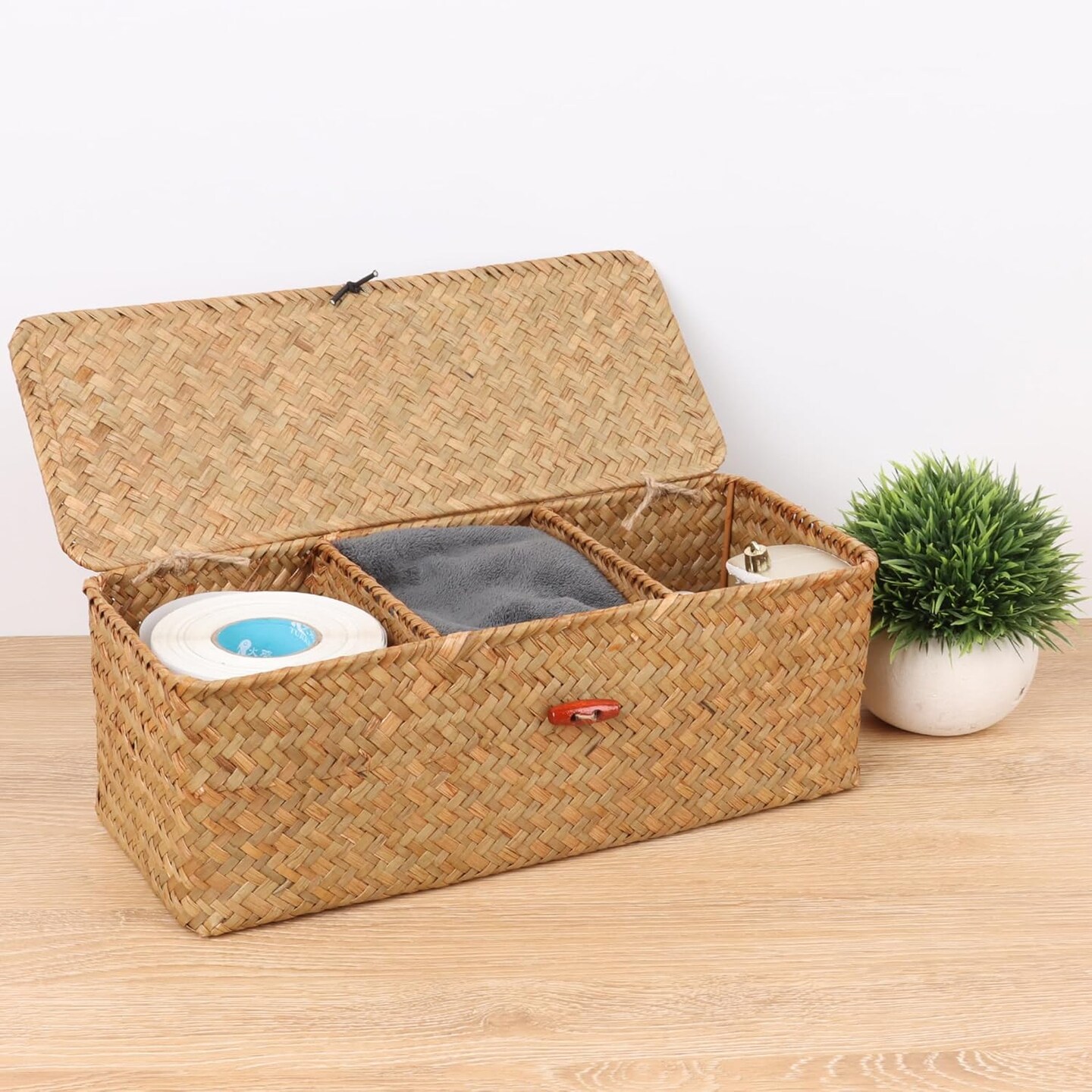 Wicker Woven Storage Baskets with Lid and Dividers (Natural) 5.1"D x 13"W x 4.3"H
