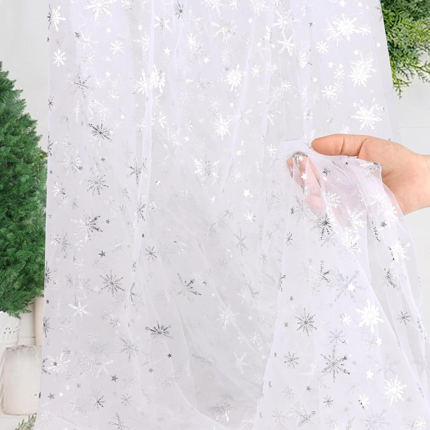 Sheer Snowflake Organza Fabric White Foil Fabric Table Cover