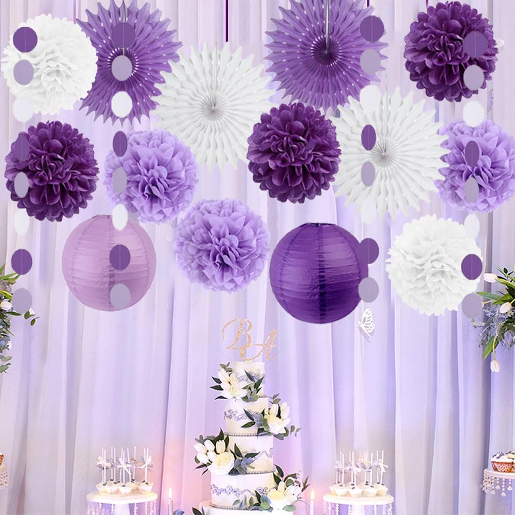 Purple White Lavender Party Decorations Paper Fans Paper Pom Pom Flowers Lanterns Baby Bridal Shower Wedding Bachelorette Graduation