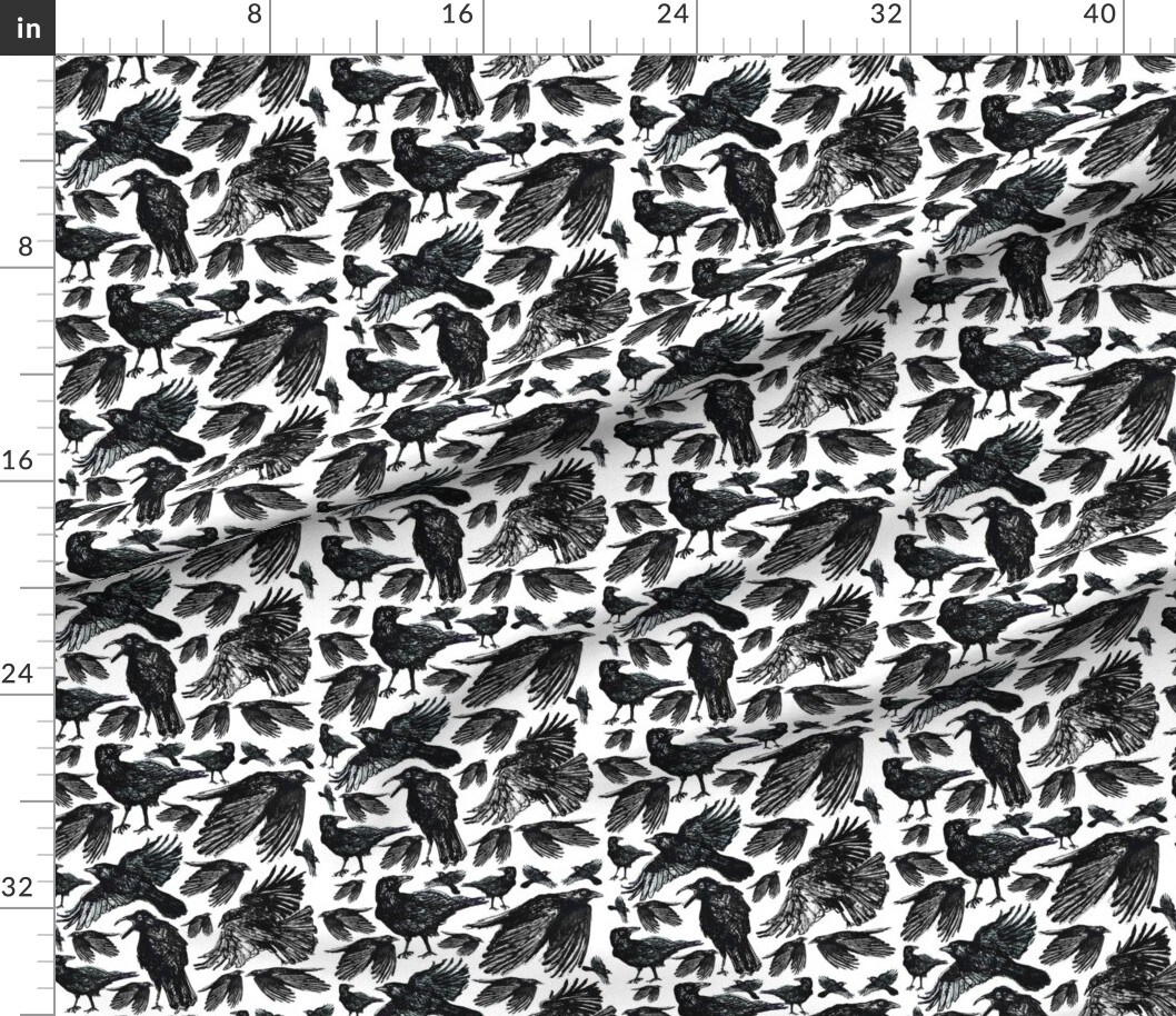 Crows Black White Birds Fantasy Pen Ink Custom Printed Fabric by Spoonflower Various Fabrics by the Yard or Fat Quarter
