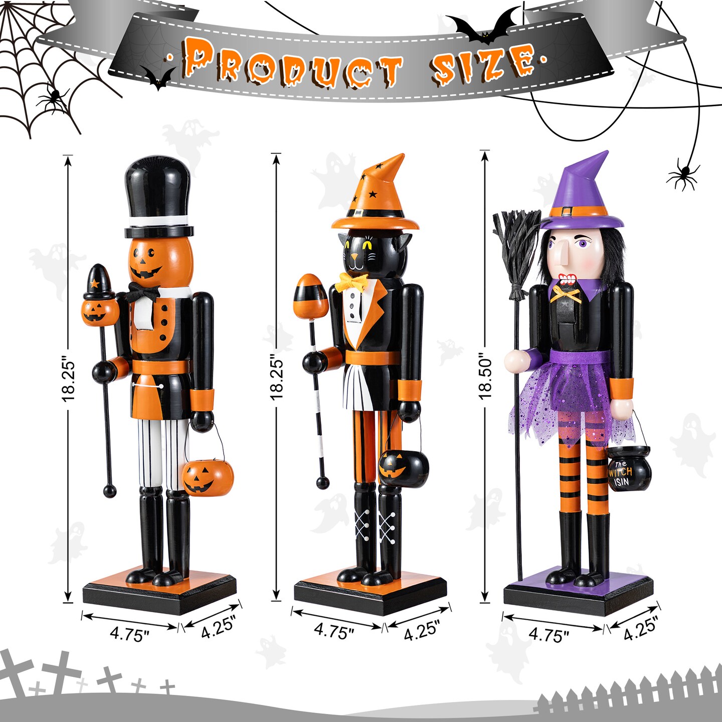 Set of 3 18.5&#x22;H Halloween Cat/Witch/Pumpkin Wood Nutcracker
