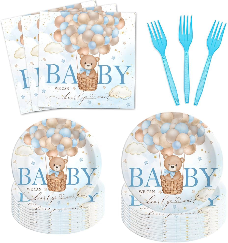 96Pcs Bear Baby Shower Tableware Sets - Serves 24 Guests (Blue)