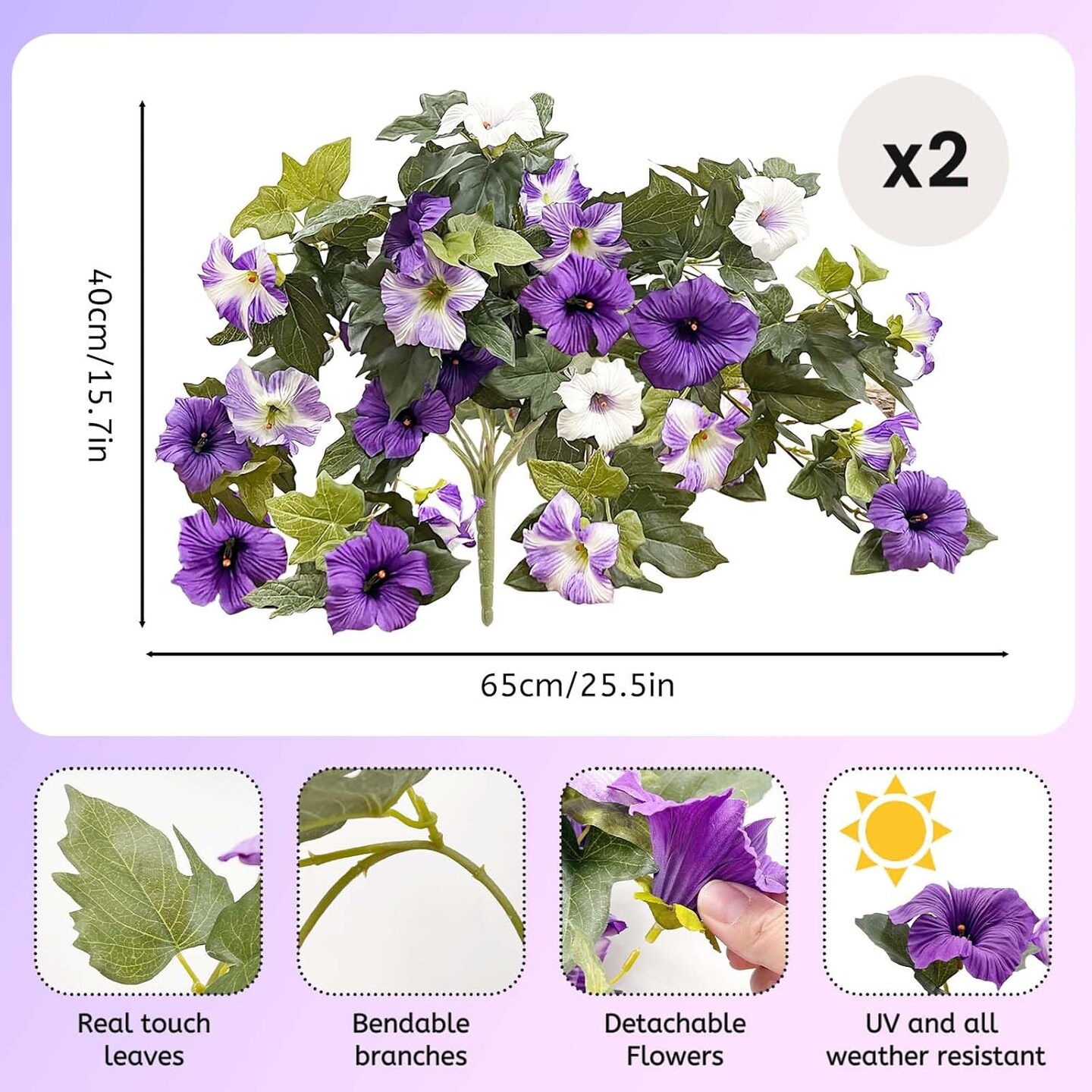 2Pack Artificial Hanging Flowers,24 Heads Silk Morning Glory Flowers(Purple,White)