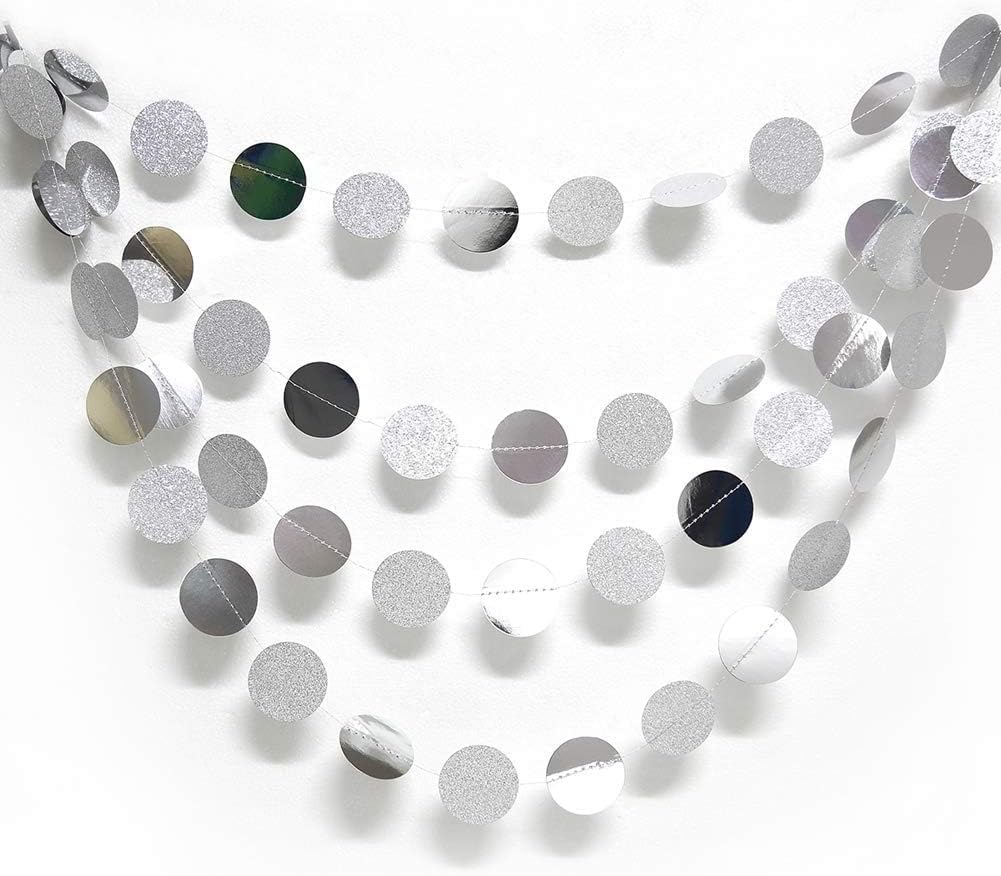 Glitter Silver Party Decorations Silver Circle Garland Hanging Dot Streamers Banner Backdrop Birthday Decoration Bachelorette Bridal Shower Engagement Anniversary Graduation Party Decor
