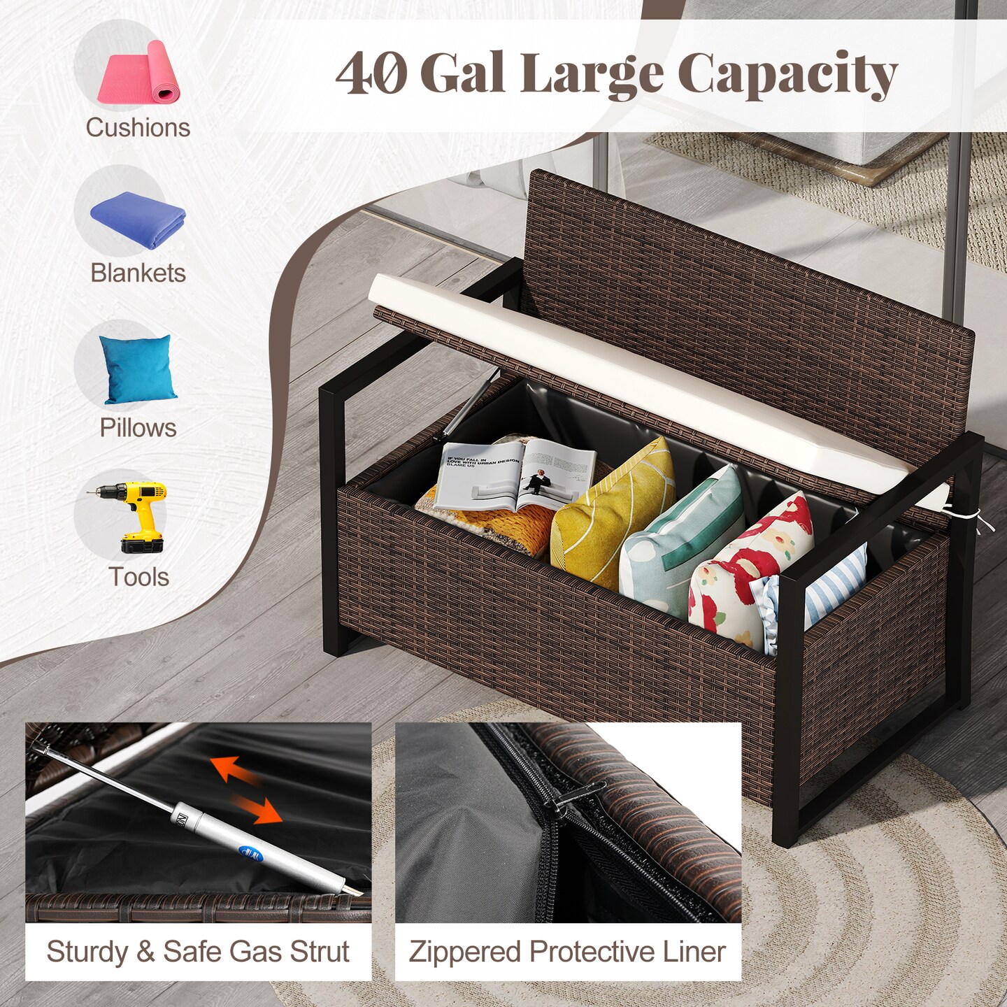 Patio Storage Bench with Cushion and 40 Gallon Under-seat Compartment