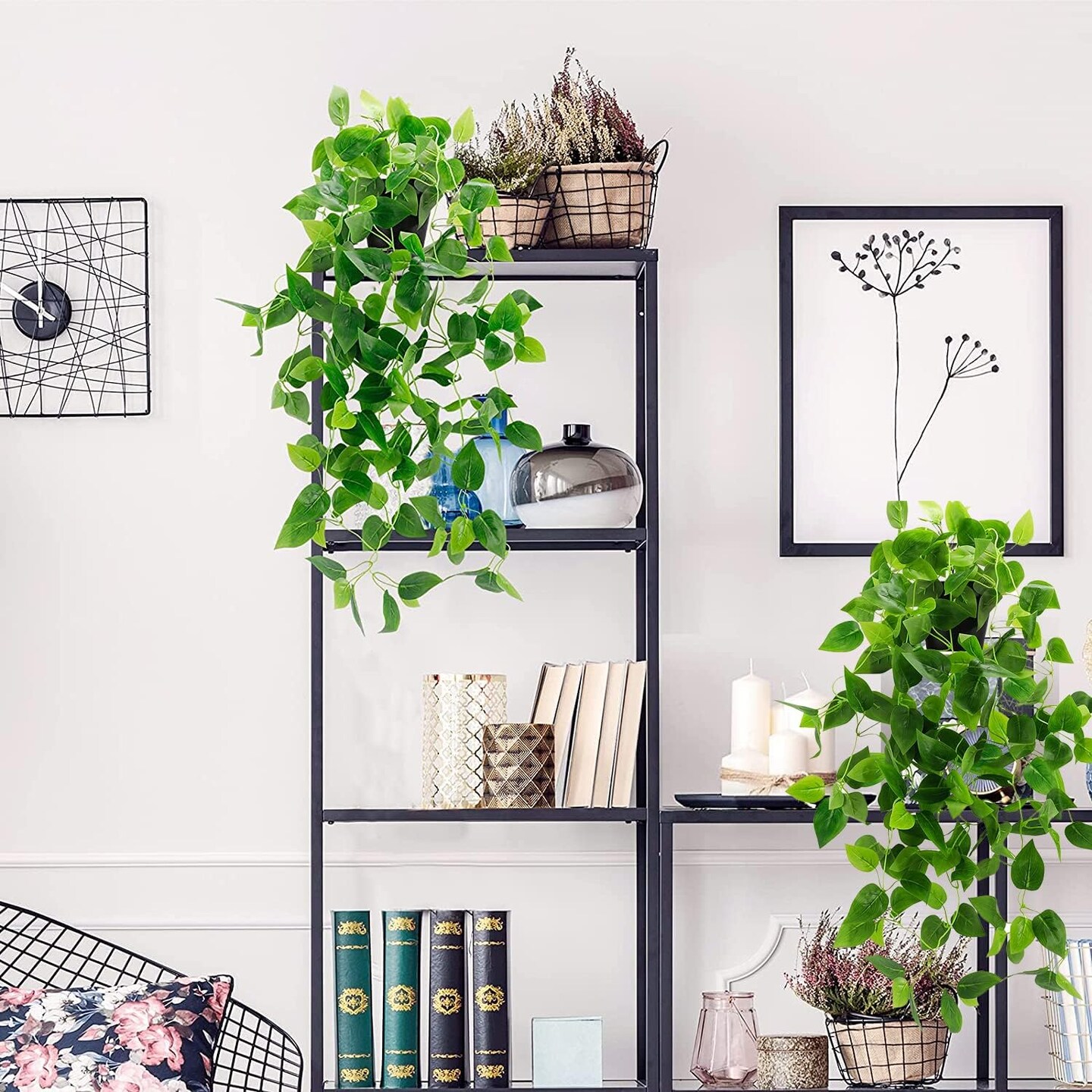2 Pack Fake Hanging Plants with Pot (2 Pack Potted Faux Ivy Vine) 8"D x 4"W x 8"H
