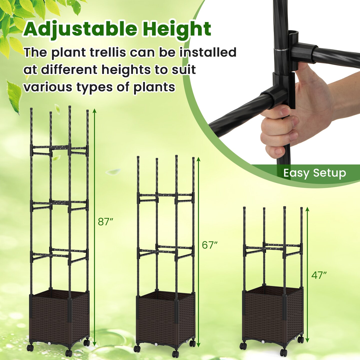 87 Inch Tall Raised Garden Bed with Trellis and Lockable Wheels for Easy Mobility