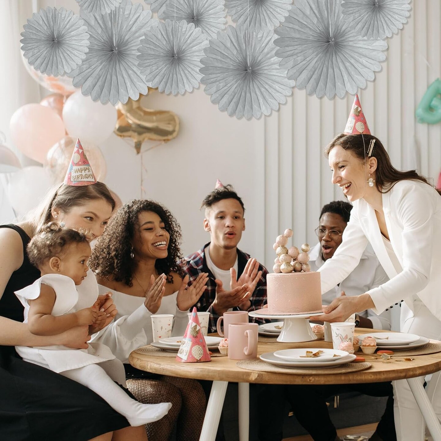 20 Pcs Silver Grey Hanging Paper Fan, Hanging Honeycomb Round Paper Fans for Weddings, Birthdays, Christmas