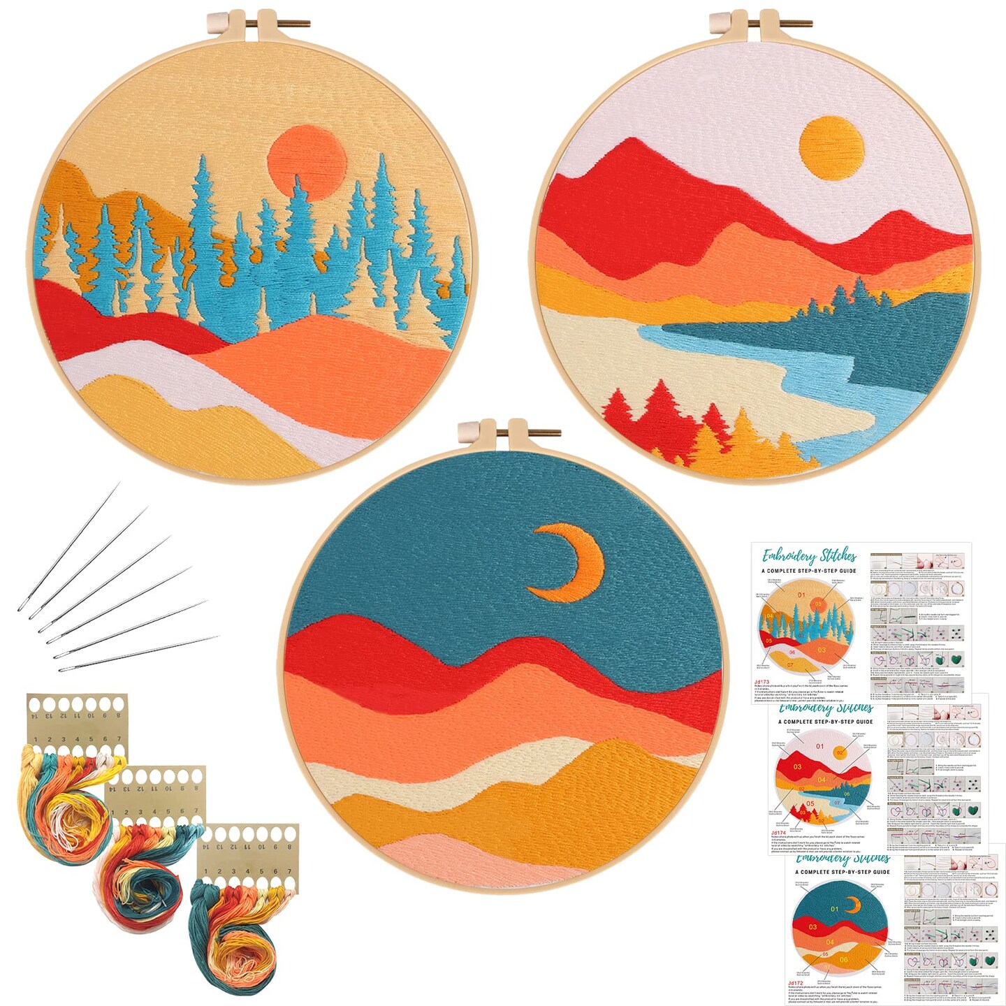 Louise Maelys 3 Set Landscape Embroidery Kits for Beginners with Mountain Sun Moon Pattern,Adults Starter Cross Stitch Kit DIY Needlepoint