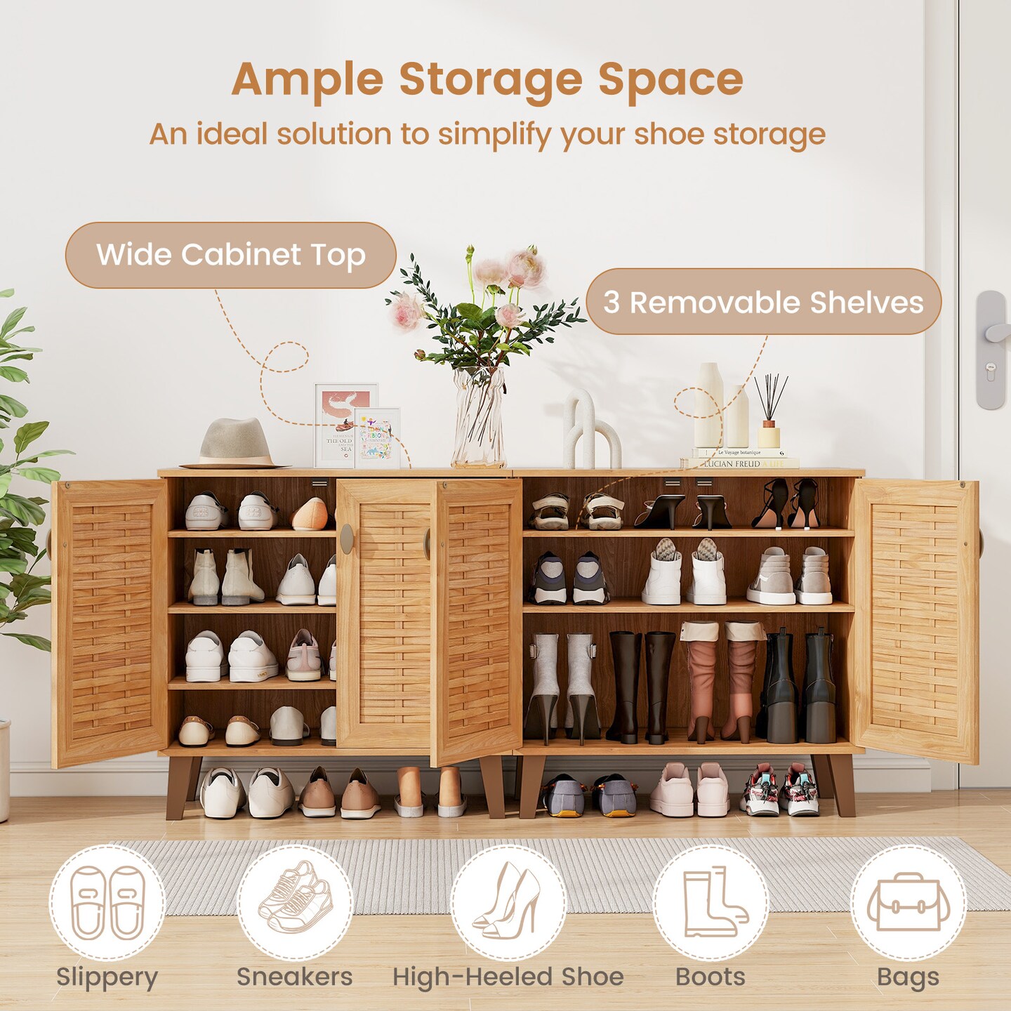 Teak Engineered Wood Shoe Storage Cabinet with Ventilated Doors and Removable Shelves