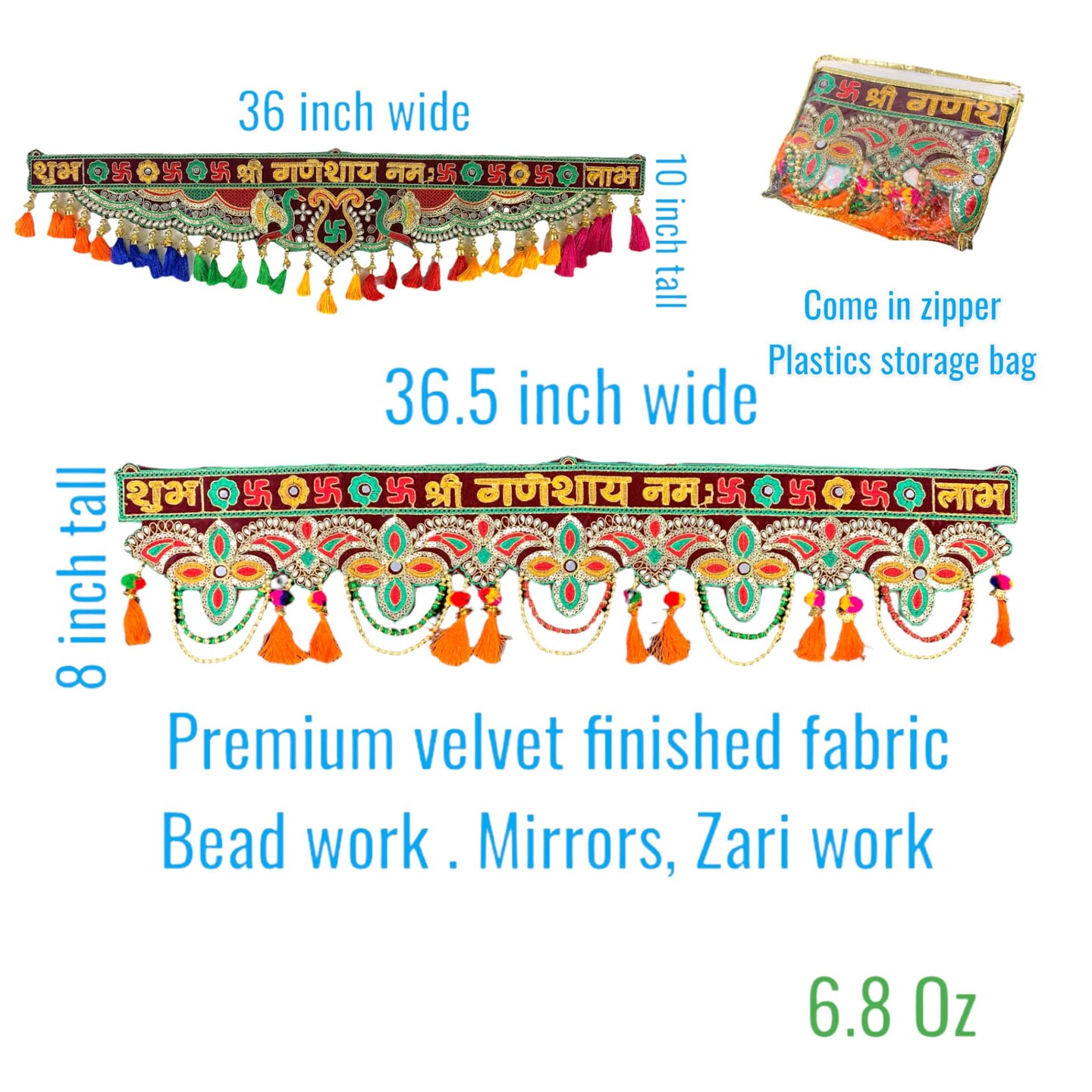 Indian Fabric Door Toran 36 Inch Bhandarwal Hanging Valance Velvet Embroidered Traditional Wall Decorative for Window Home Temple Decor Wedding Diwali Navratri Puja Housewarming Decorations