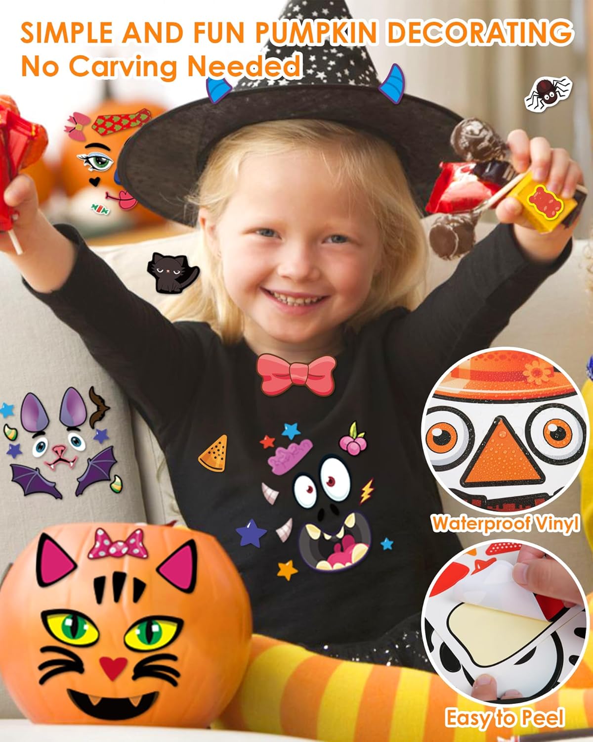 Pumpkin Decorating Stickers Kit - 48 Different Fun Faces