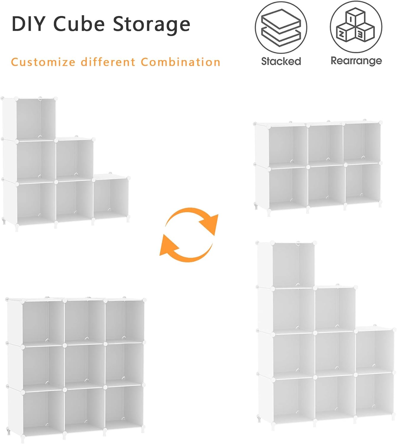 6 Stackable Cube Storage Organizers (White) 11.8"D x 35.5"W x 37.5"H