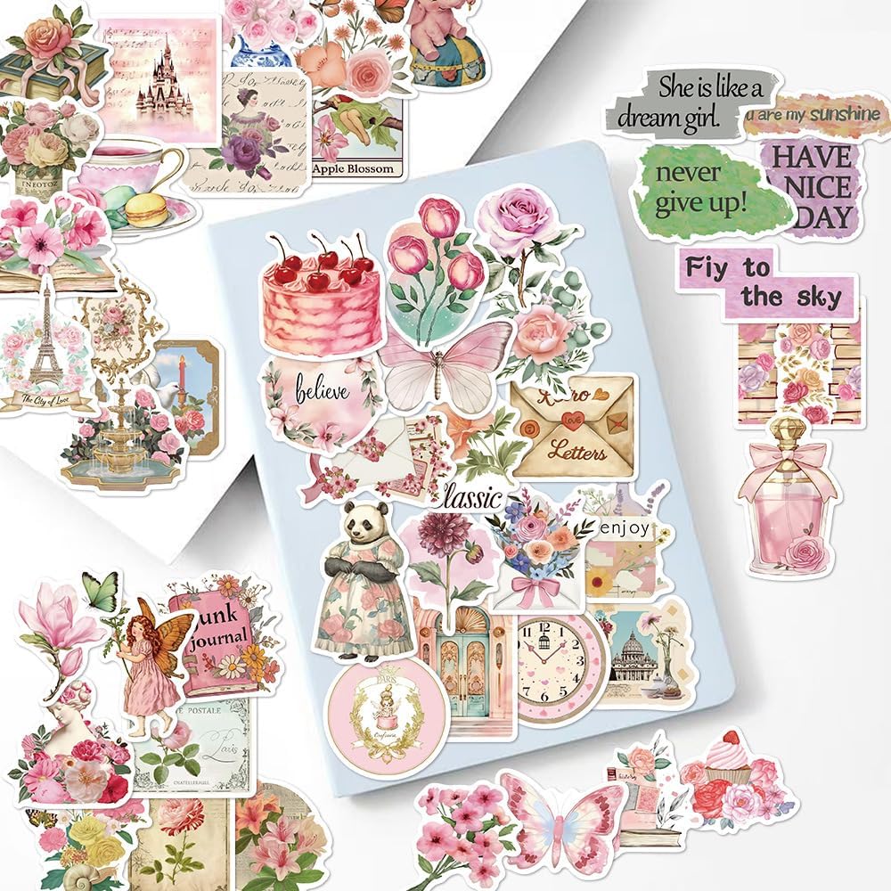 50pcs Vintage Pink Aesthetic Floral Sticker for Scrapbooking(Pink Floral)