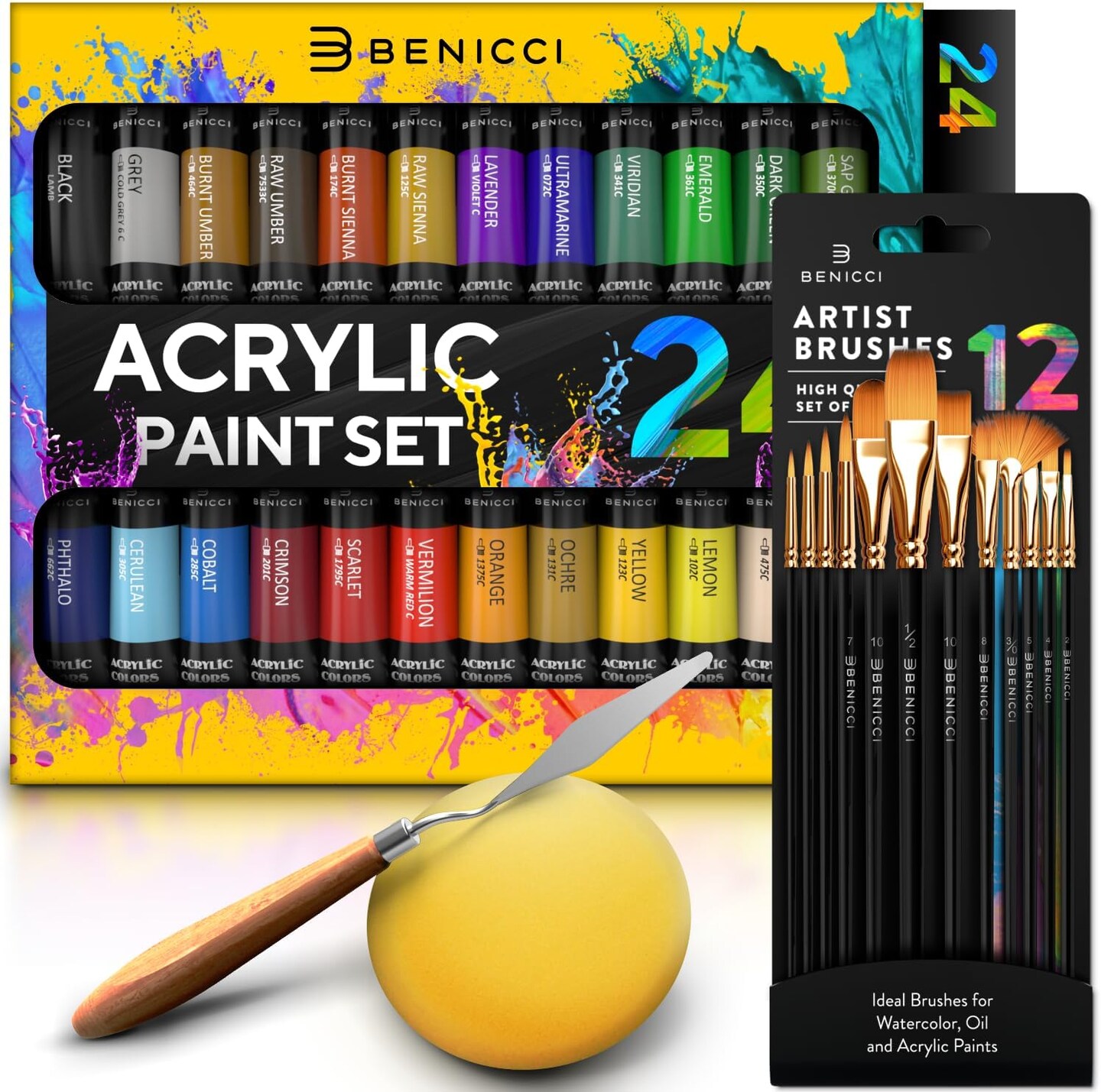 Complete Acrylic Paint Set – 24х Rich Pigment Colors – 12x Art Brushes