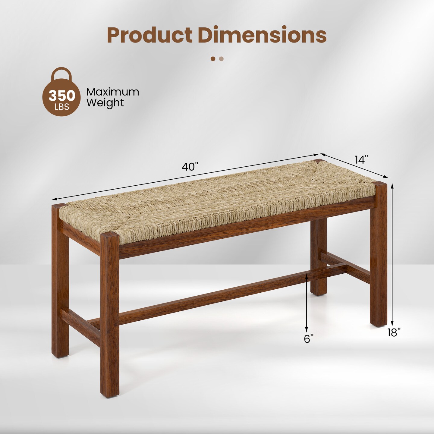 Natural Wood Dining Bench with Seagrass Seat and Sturdy Rubber Wood Frame for Kitchen or Entryway