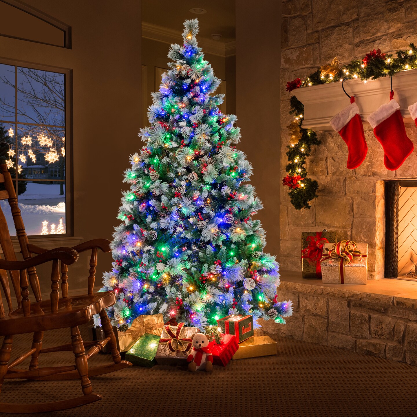 Green 7ft Artificial Christmas Tree with LED Lights, Pine Cones and Red Berries