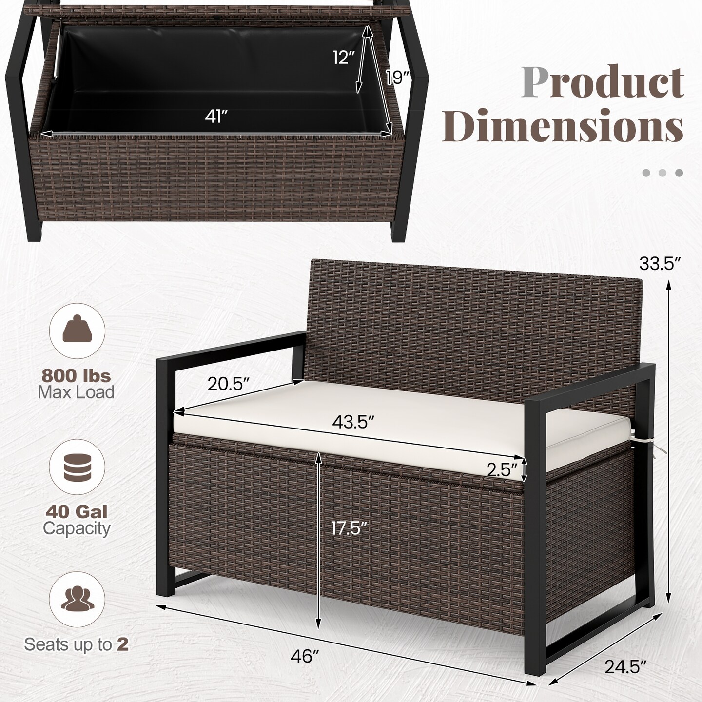 Patio Storage Bench with Cushion and 40 Gallon Under-seat Compartment