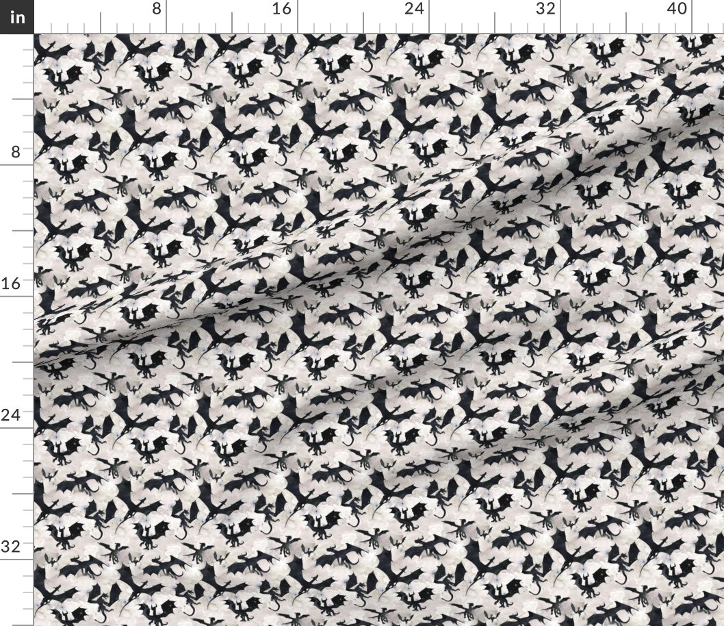 Small Dragons Black White Dragon Fantasy Custom Printed Fabric by Spoonflower Various Fabrics by the Yard or Fat Quarter