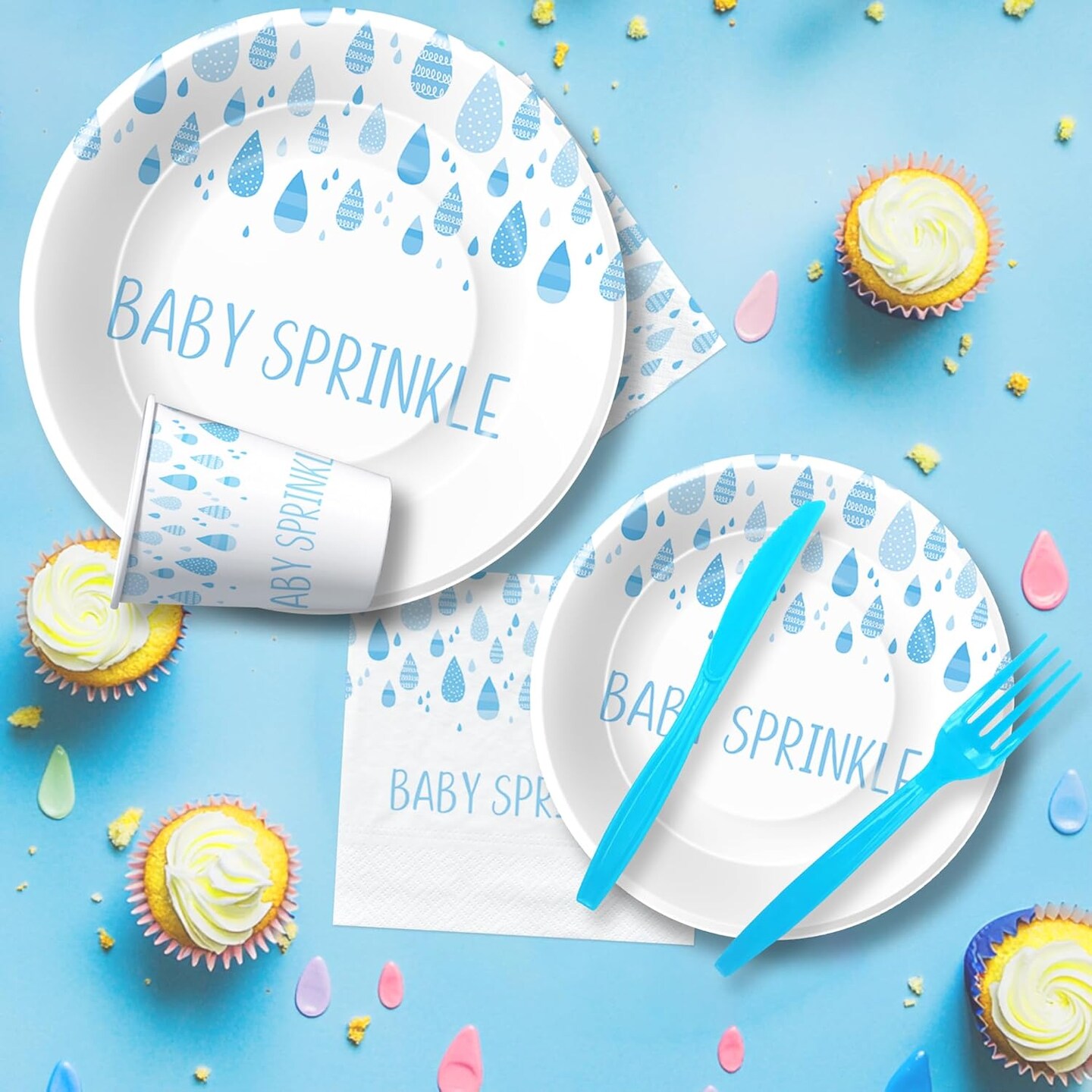 Blue Raindrop Sprinkle Baby Shower Tableware - Serves 24
