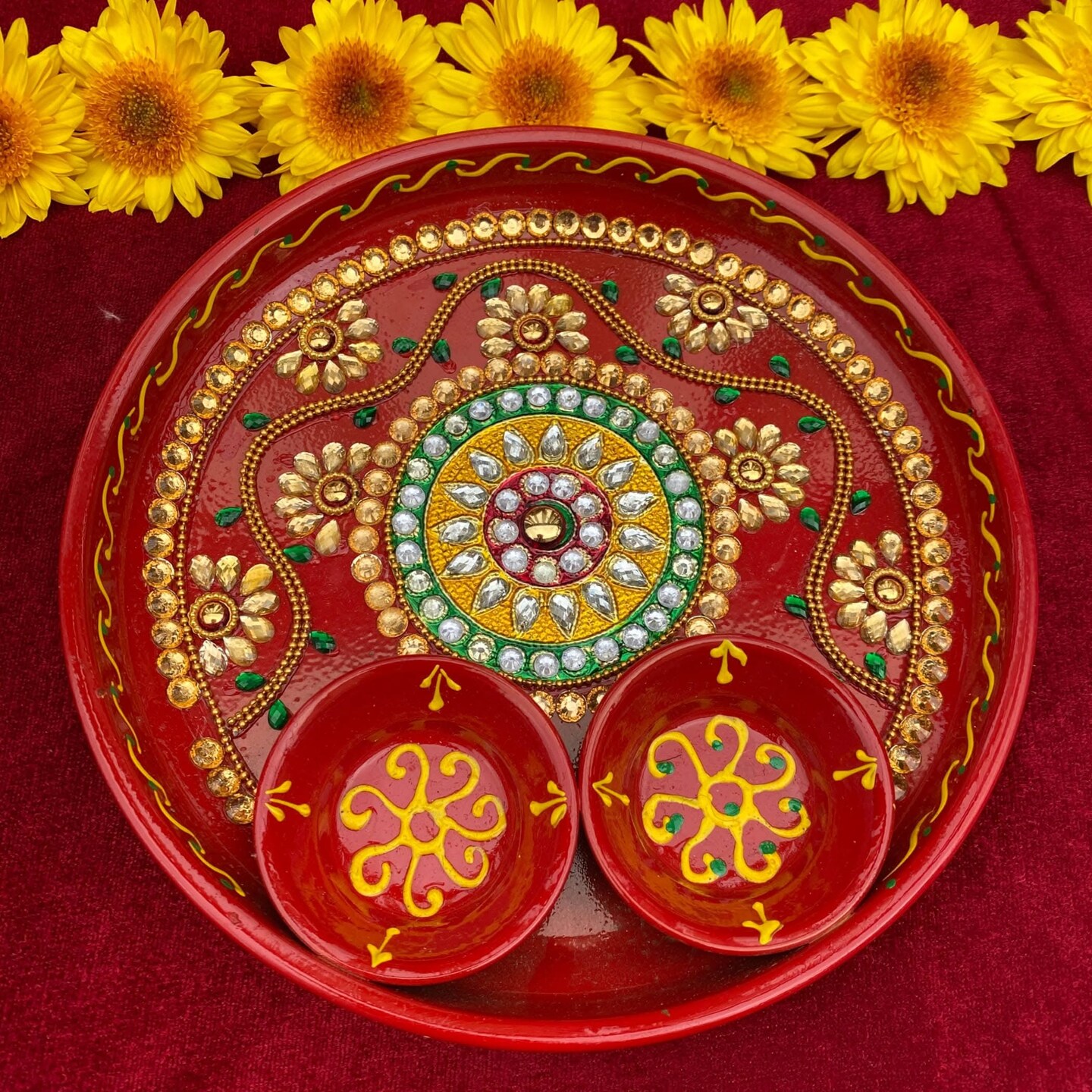 6 Inch Rhinestone Pooja Aarti Thali with Bowls Meenakari Work Red Painted Handmade Platter Haldi Kumkum Thali Ganesha Chaturthi Teej Diwali Puja Thali Housewarming Gift