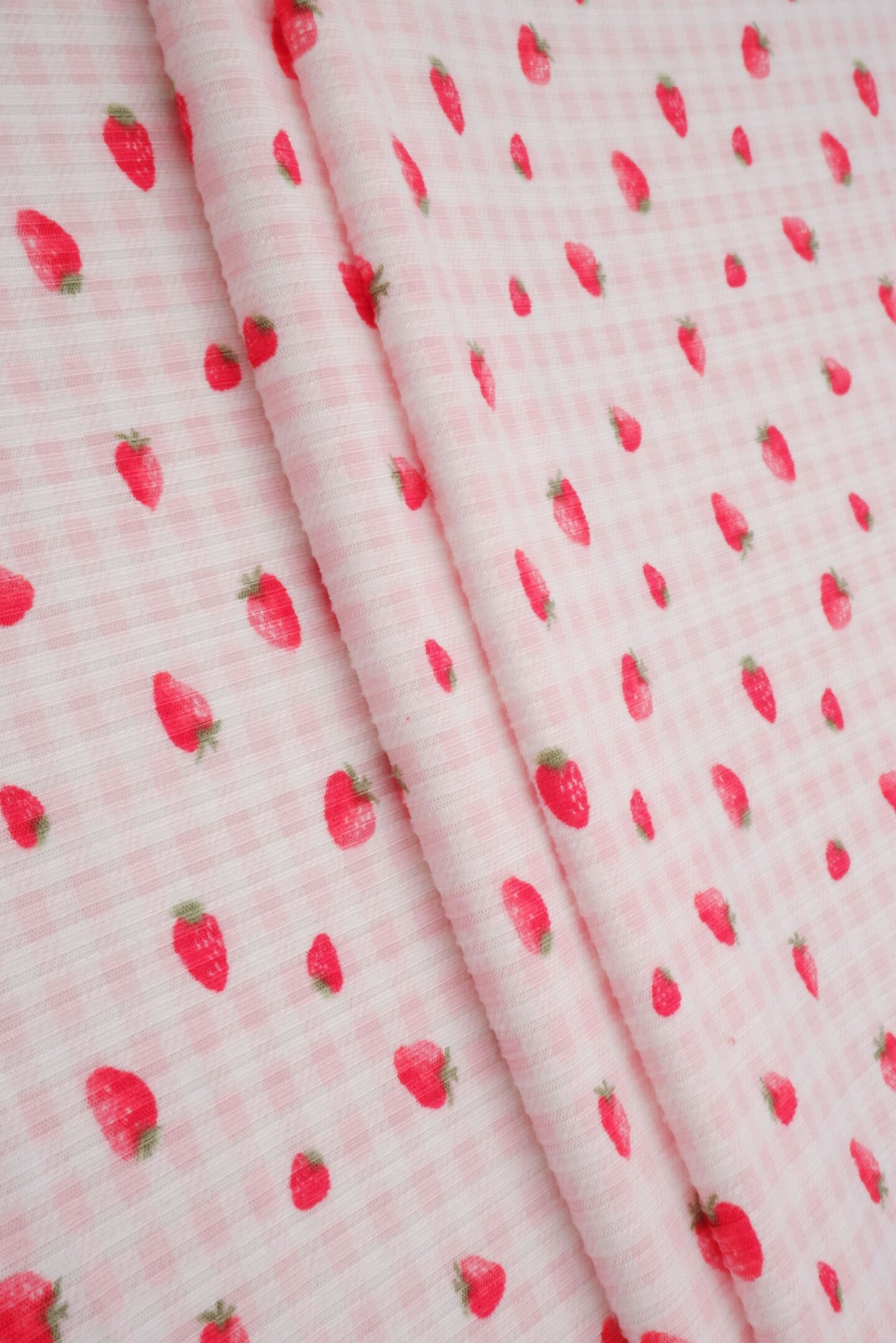 Soft Stretchy 4x2 Yummy Rib Fabric with Strawberry Print 58/60&#x22; Wide Polyester Spandex Blend