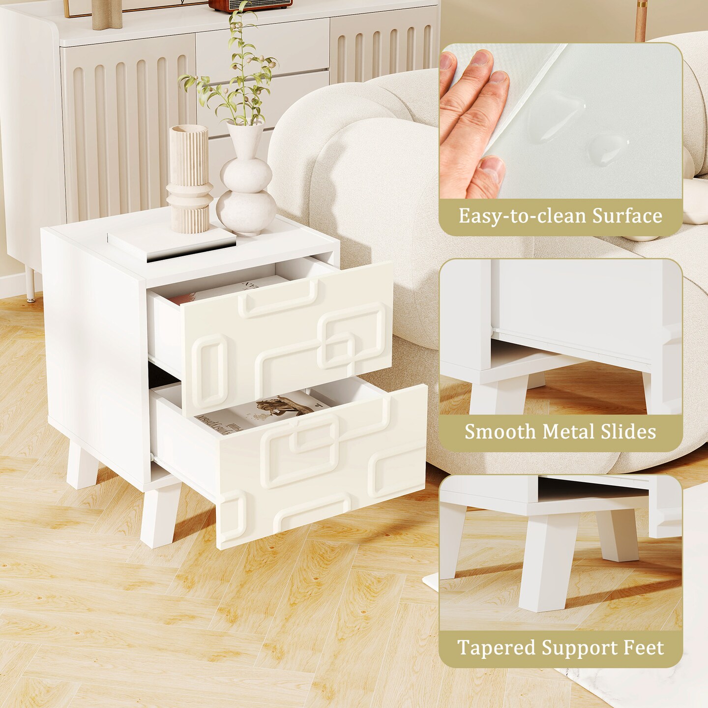 White Engineered Wood Nightstand with 3D Geometric Drawers and Dual Storage