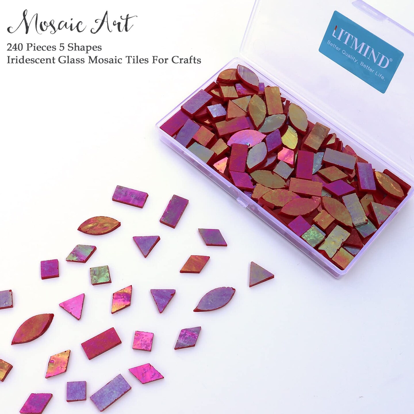 LITMIND Iridescent Glass Mosaic Tiles for Crafts, 240 Pieces 5 Shapes Mixed Red Stained Glass Pieces, Mosaic Kits for Adults (Iridescent Red)