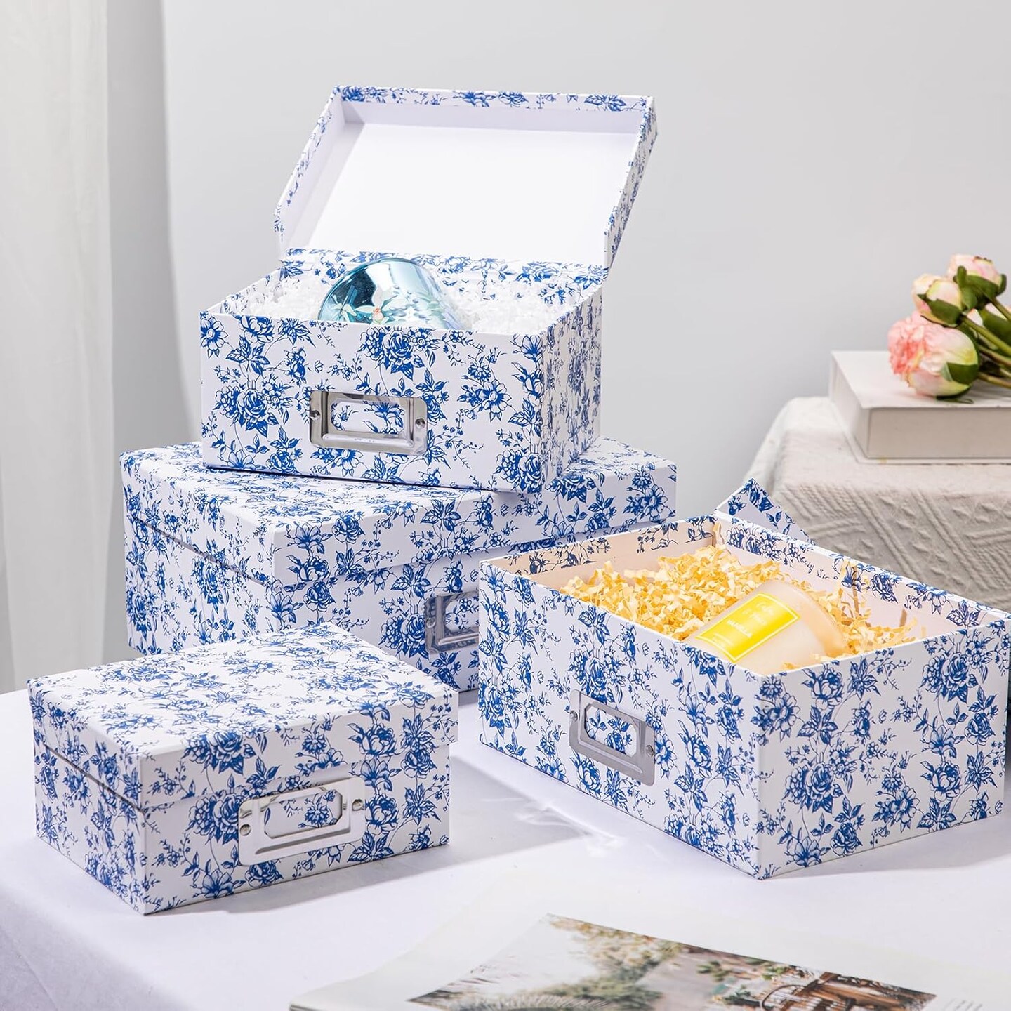 Blue and White Porcelain Storage Boxes with Lids (Rectangular Set 4)