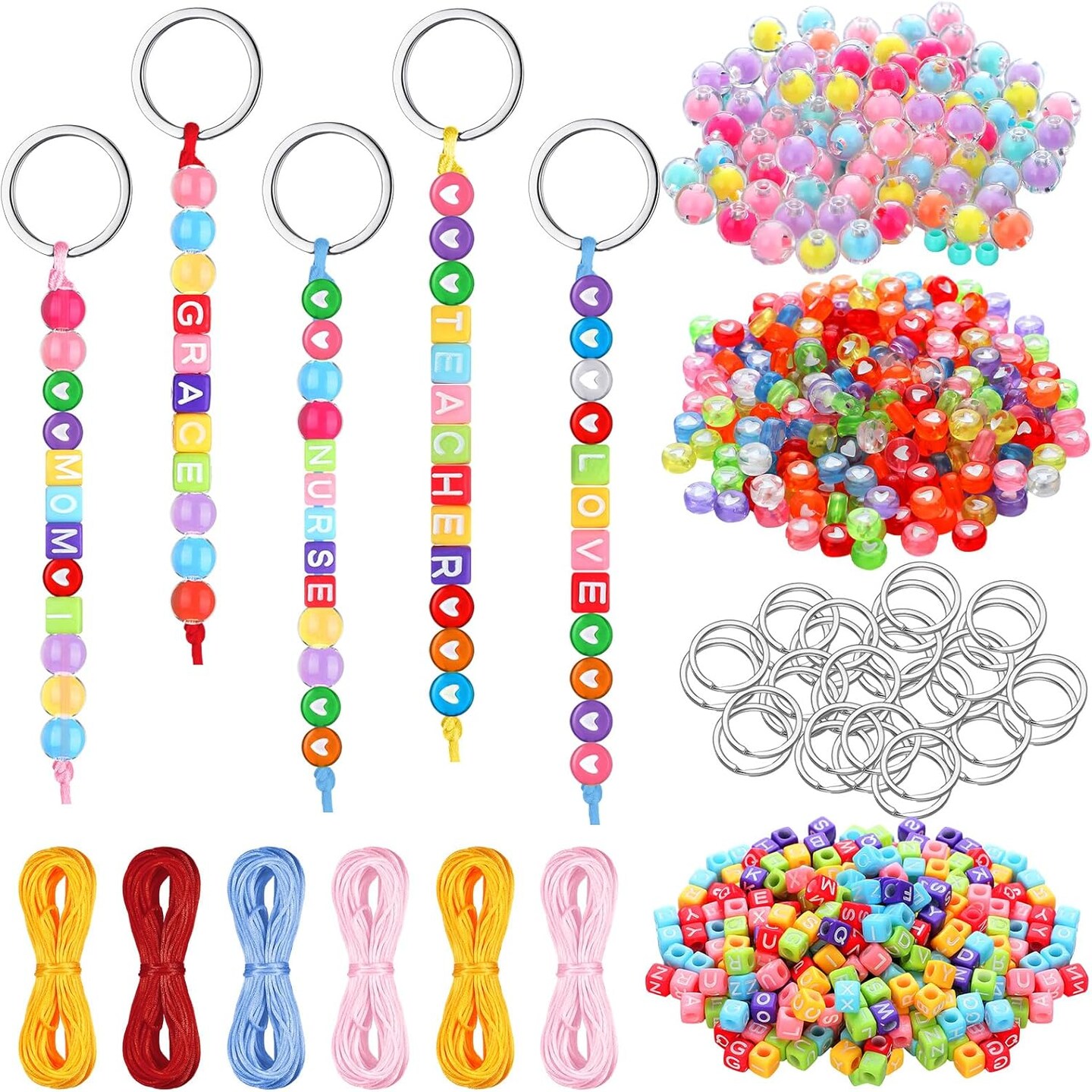 564 Pcs DIY Bead Keychain Kit Key Chain Making Craft Adjustable Letter Beads String Mama Gift Alphabet Bead Jewelry Key Ring Backpack Accessories for Party Favor(Round,Light Color)