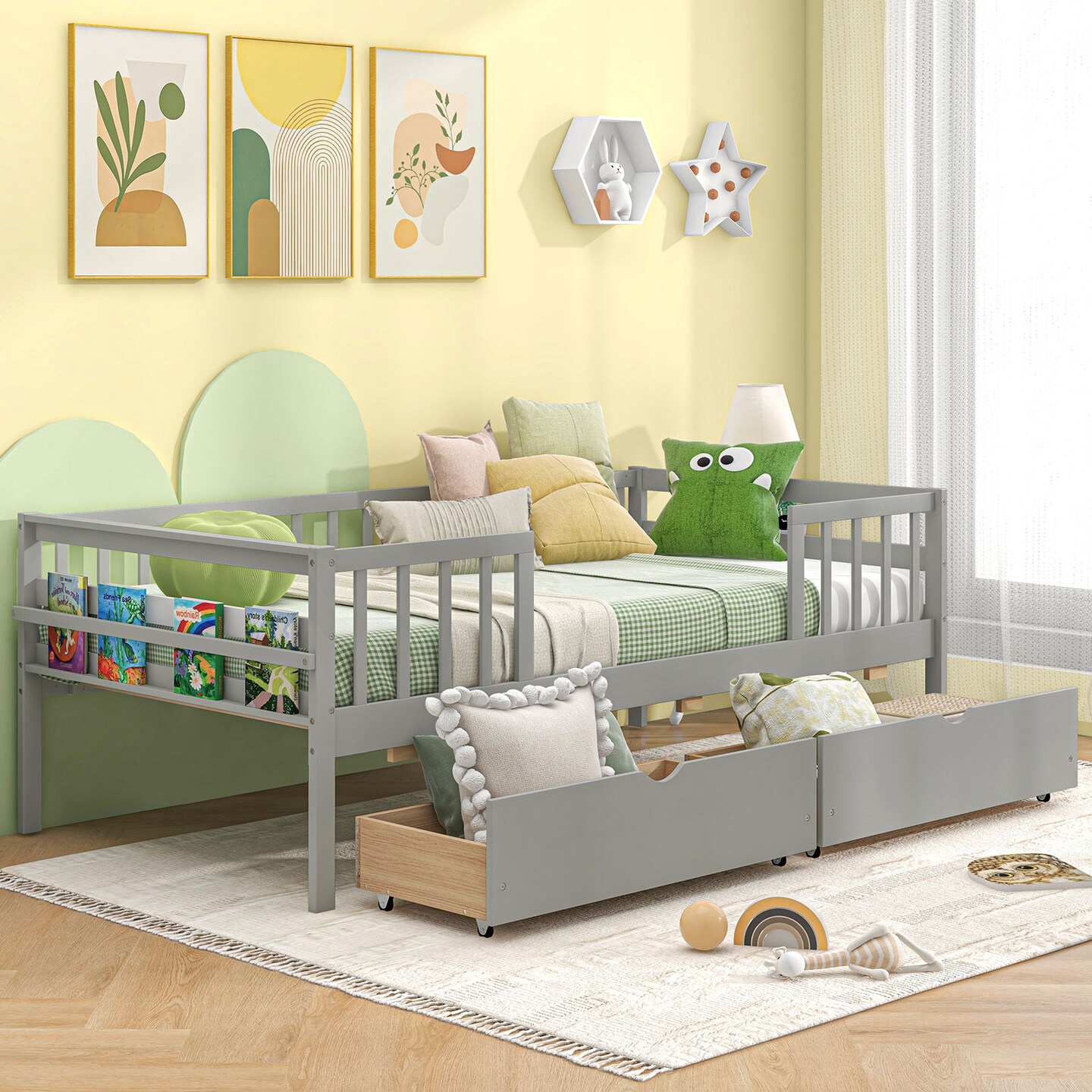 Grey Montessori Twin Daybed with 2 Spacious Drawers and Solid Wood Support Frame for Sofa and Bed Use