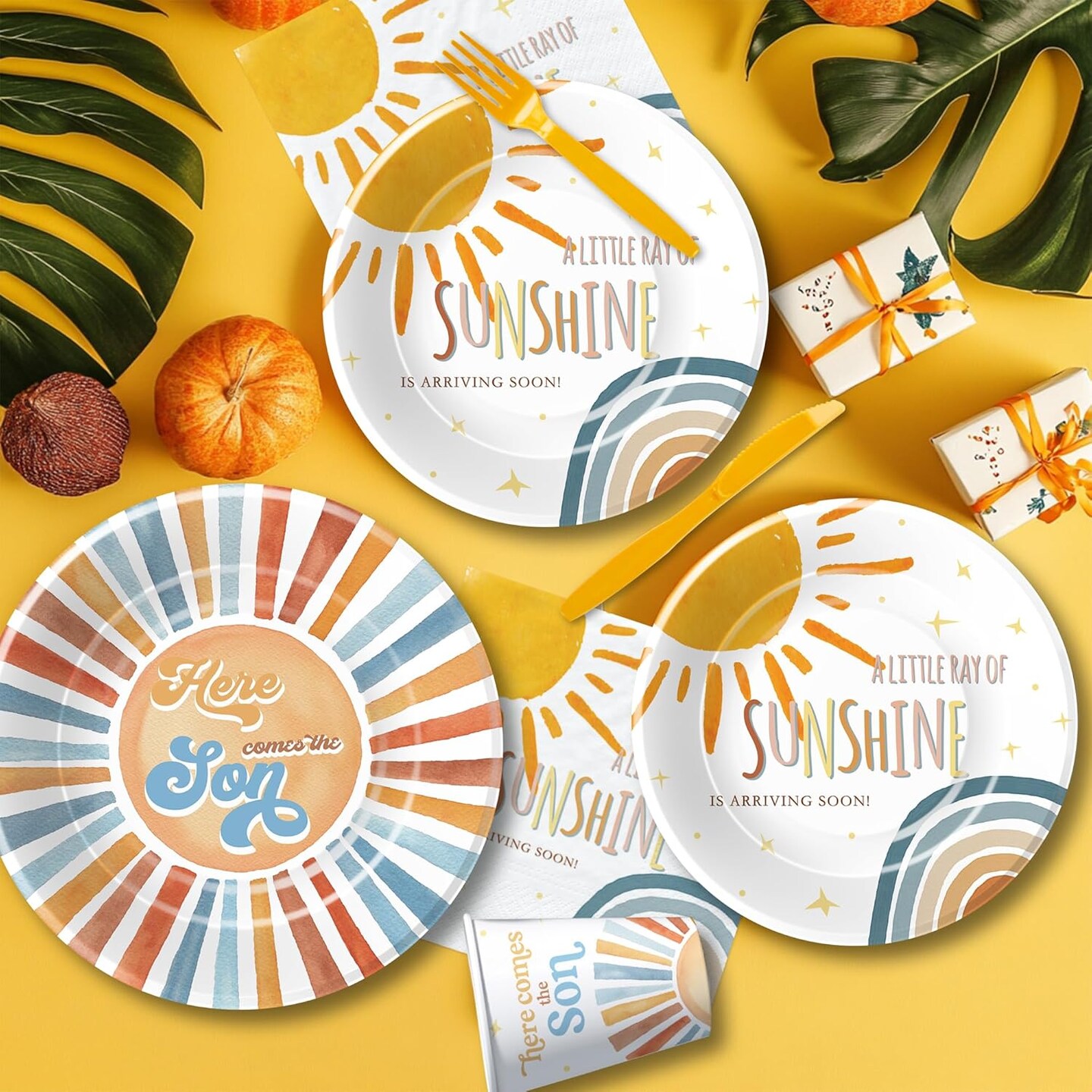 24 Guests-Here Comes The Son Baby Shower Decorations, Sun Party Supplies (Yellow, Orange)