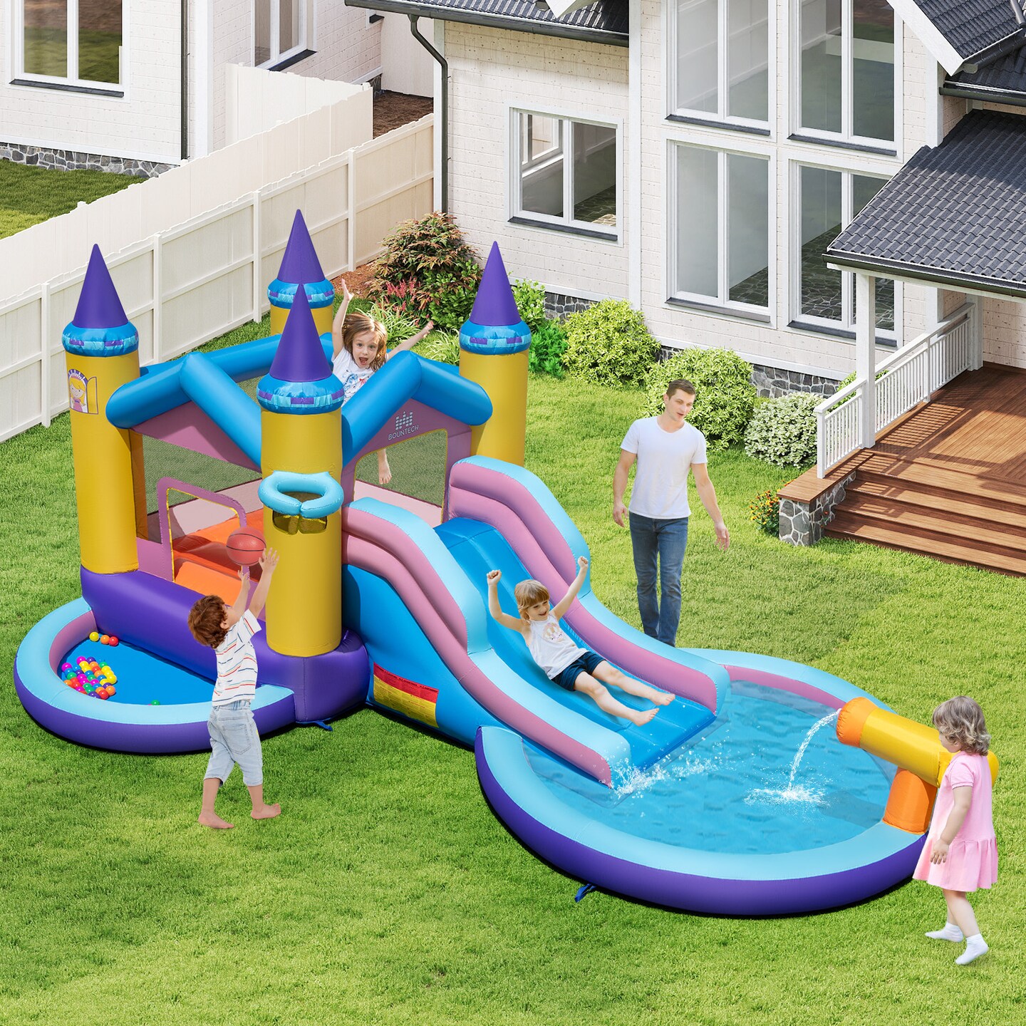 6-in-1 Kids Inflatable Water Slide with Pool Ball Pit Blower and Accessories for Outdoor and Indoor Play