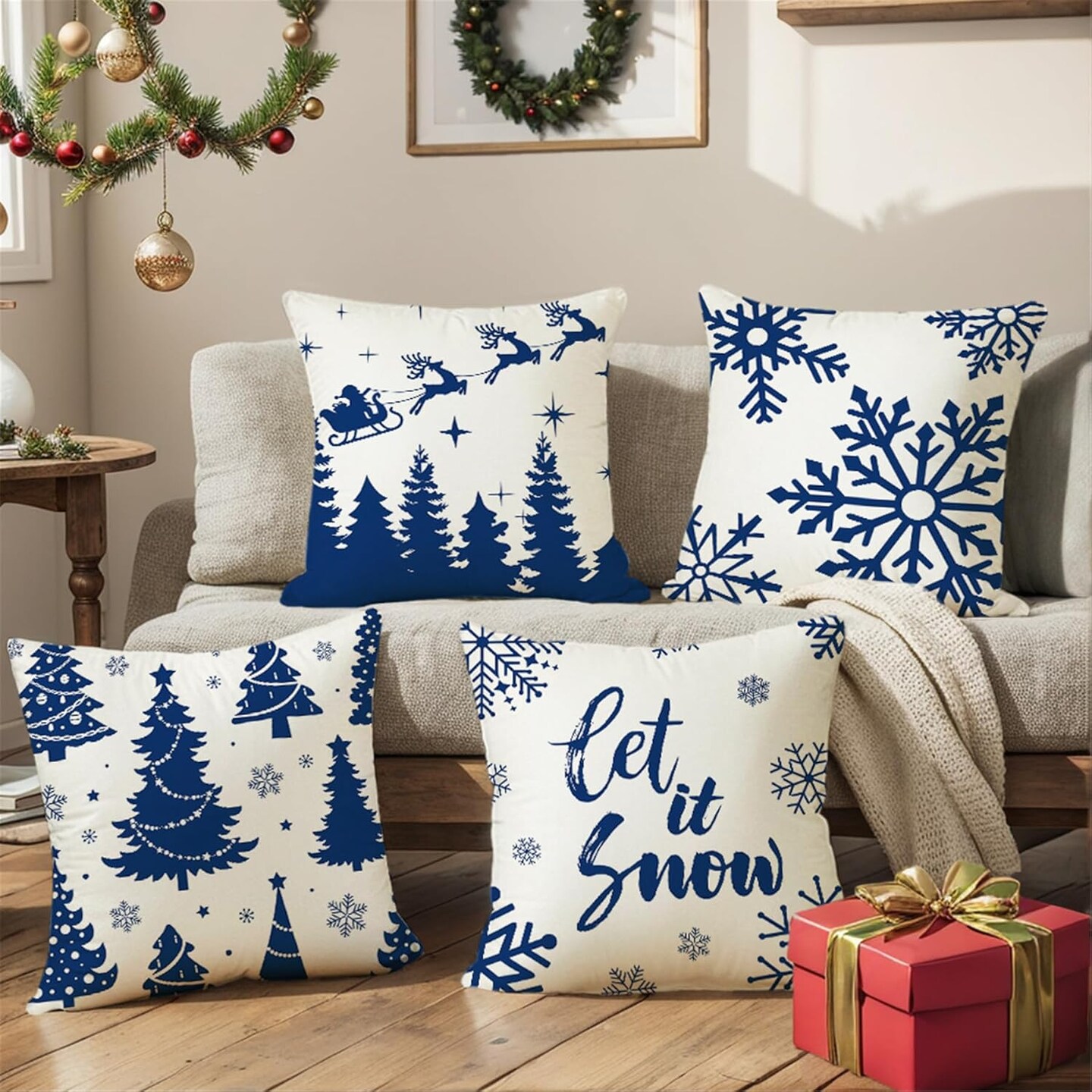 Navy Blue Snowflakes Trees Christmas Throw Pillow Covers