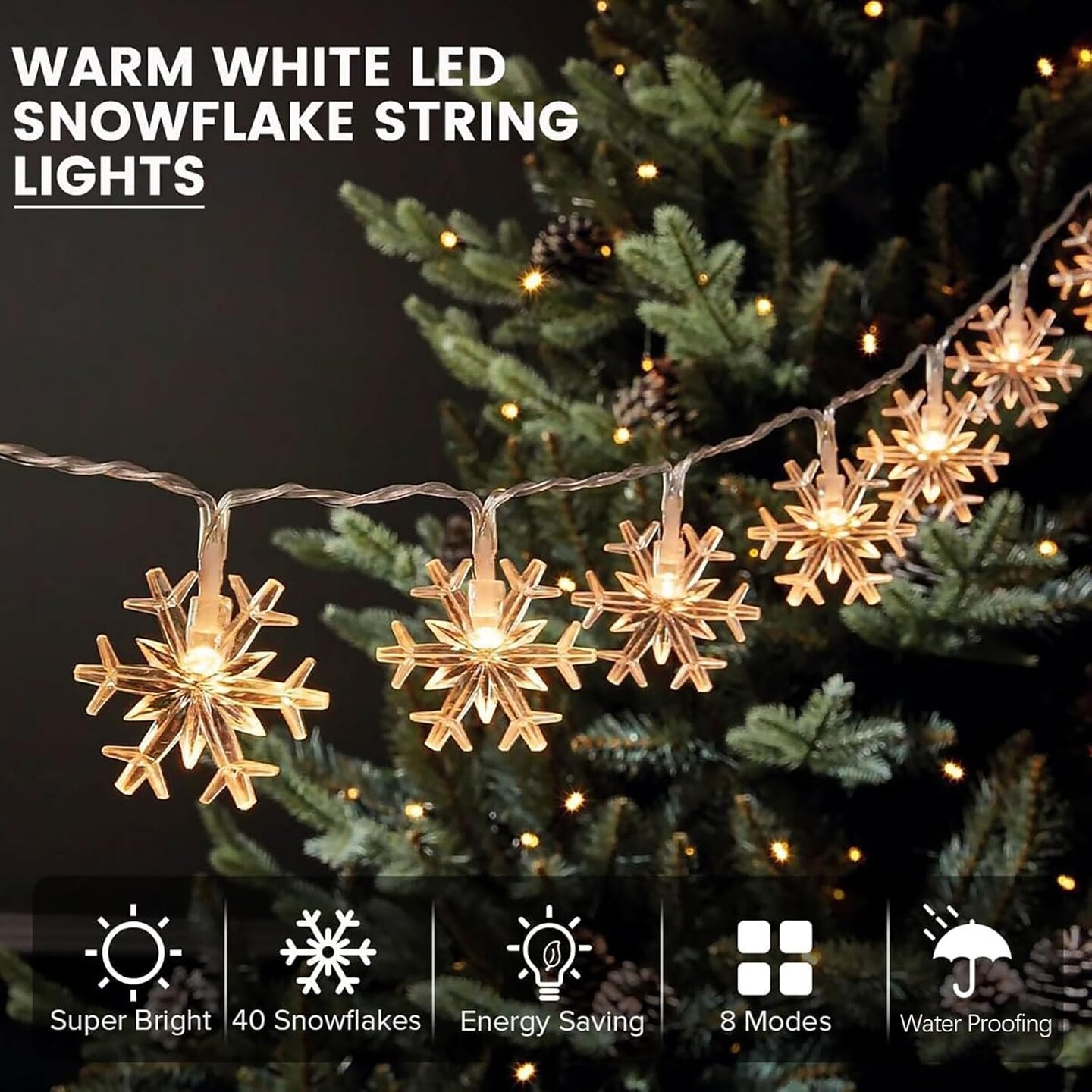 Christmas Snowflake Lights - 20ft 40LED 8 Modes &#x26; Timer (Warm White)