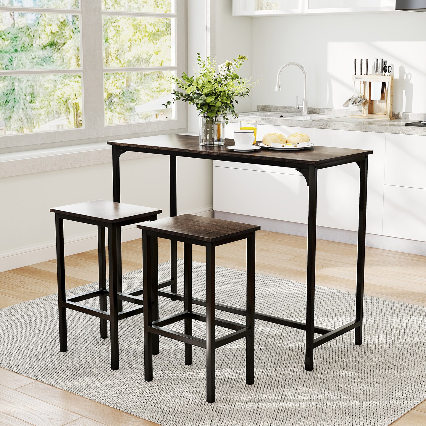 3-Piece Industrial Dining Set with 47.5 Inch Table and 2 Bar Stools