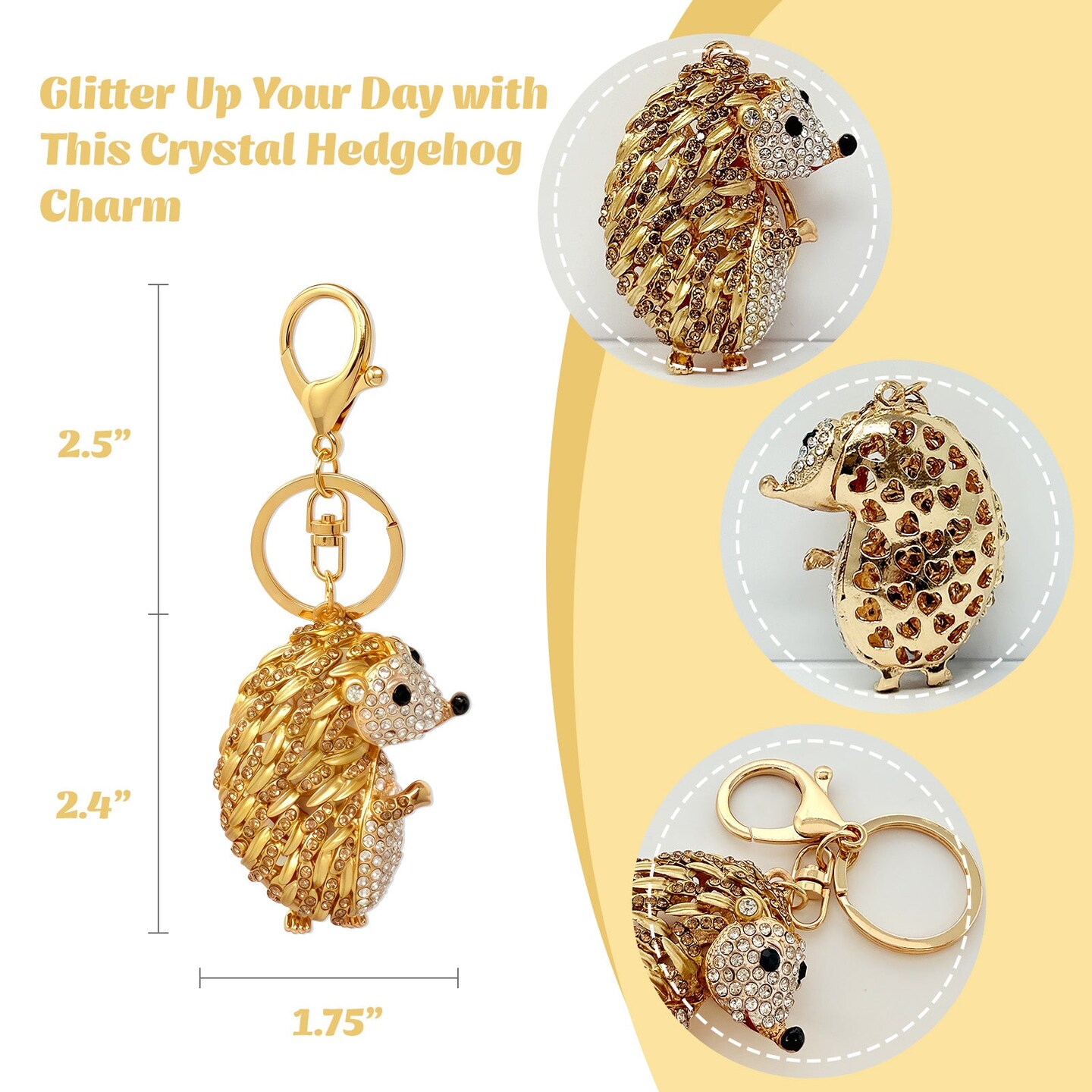 Wrapables Crystal Bling Keychain, Keyring Purse Handbag Pendant Charm, Gold Hedgehog