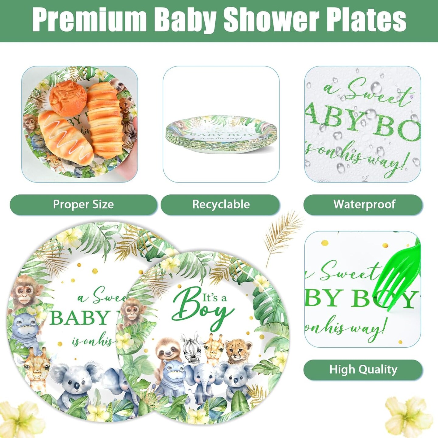 96Pcs Safari Jungle Baby Shower Party Supplies Green Wild Animals-Serves 24