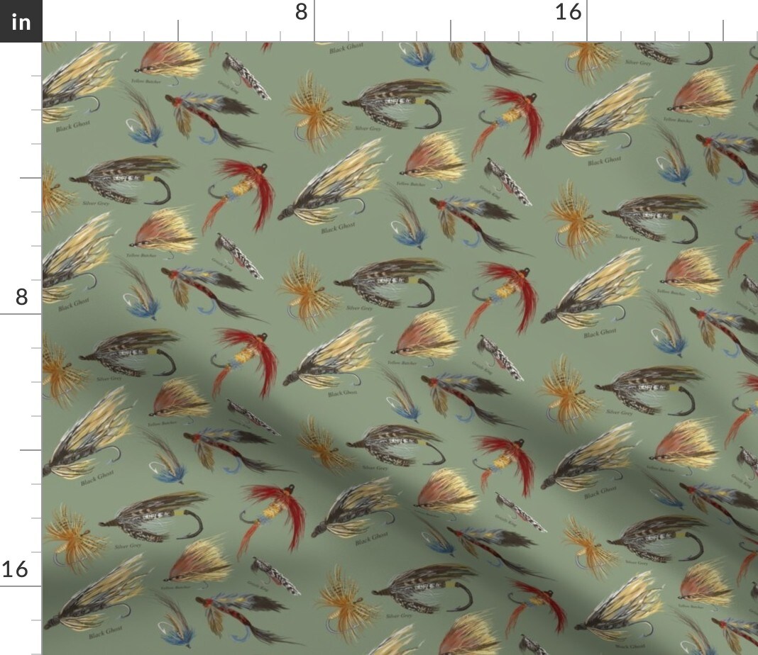 Fly Fishing Lures Man Cave Outdoors Men Olive Green Neutral Vintage Hand Recreation Red Custom Printed Fabric by Spoonflower Various Fabrics by the Yard or Fat Quarter