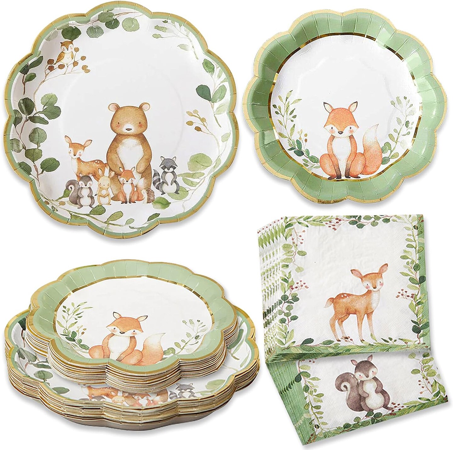 62 Piece Woodland Baby Shower Tableware - Heavy Duty Disposable Plates and Napkins (Woodland)