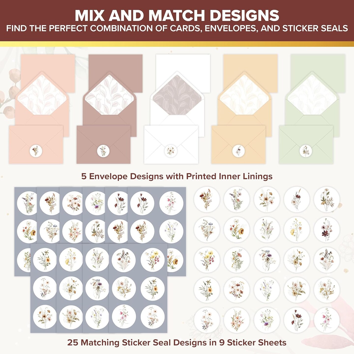 50 Pack 4x6in Blank Floral Cards with Envelopes and Stickers