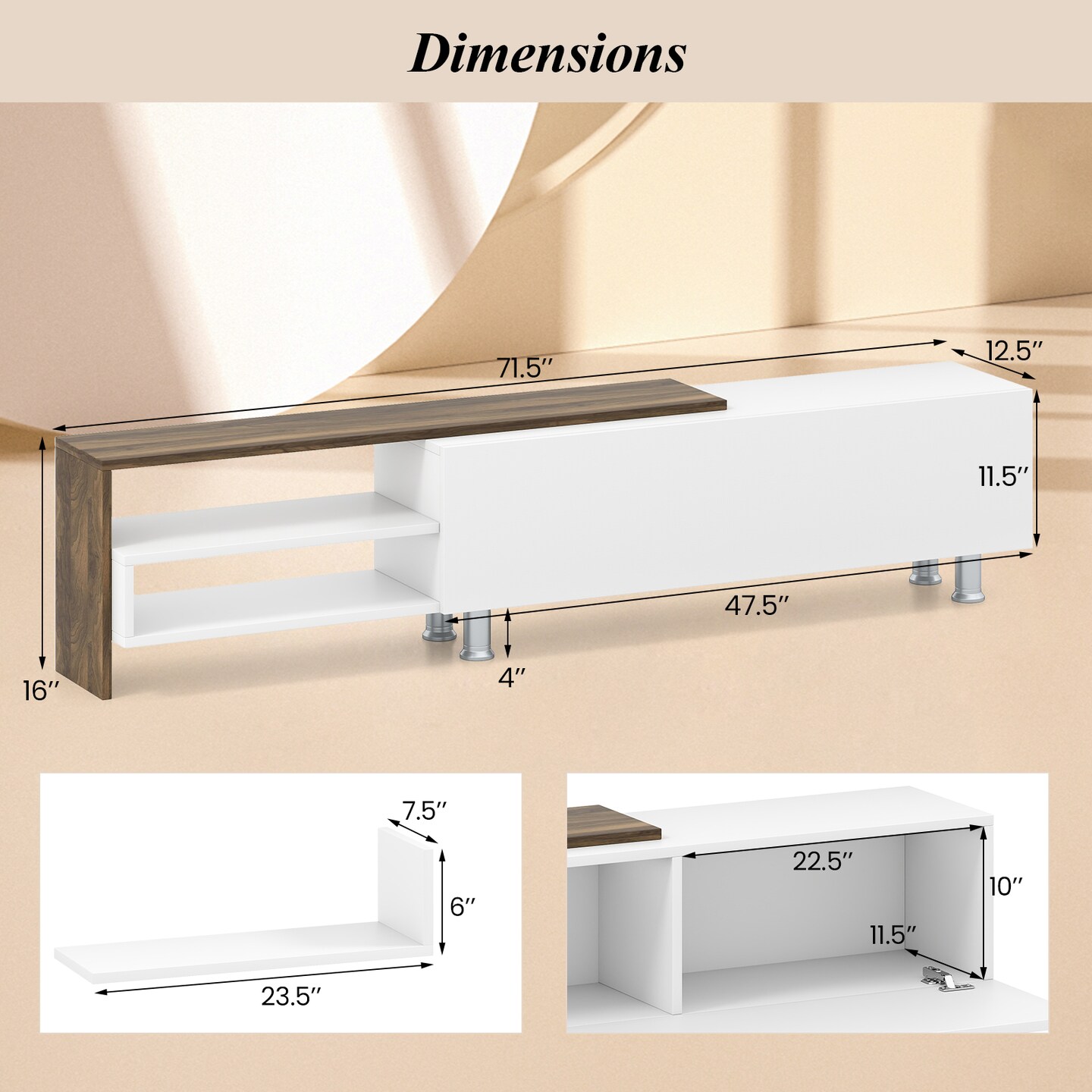 Modern Farmhouse TV Stand for 80” TV with Wall-Mounted Shelves and Flip-Down Cabinet Storage