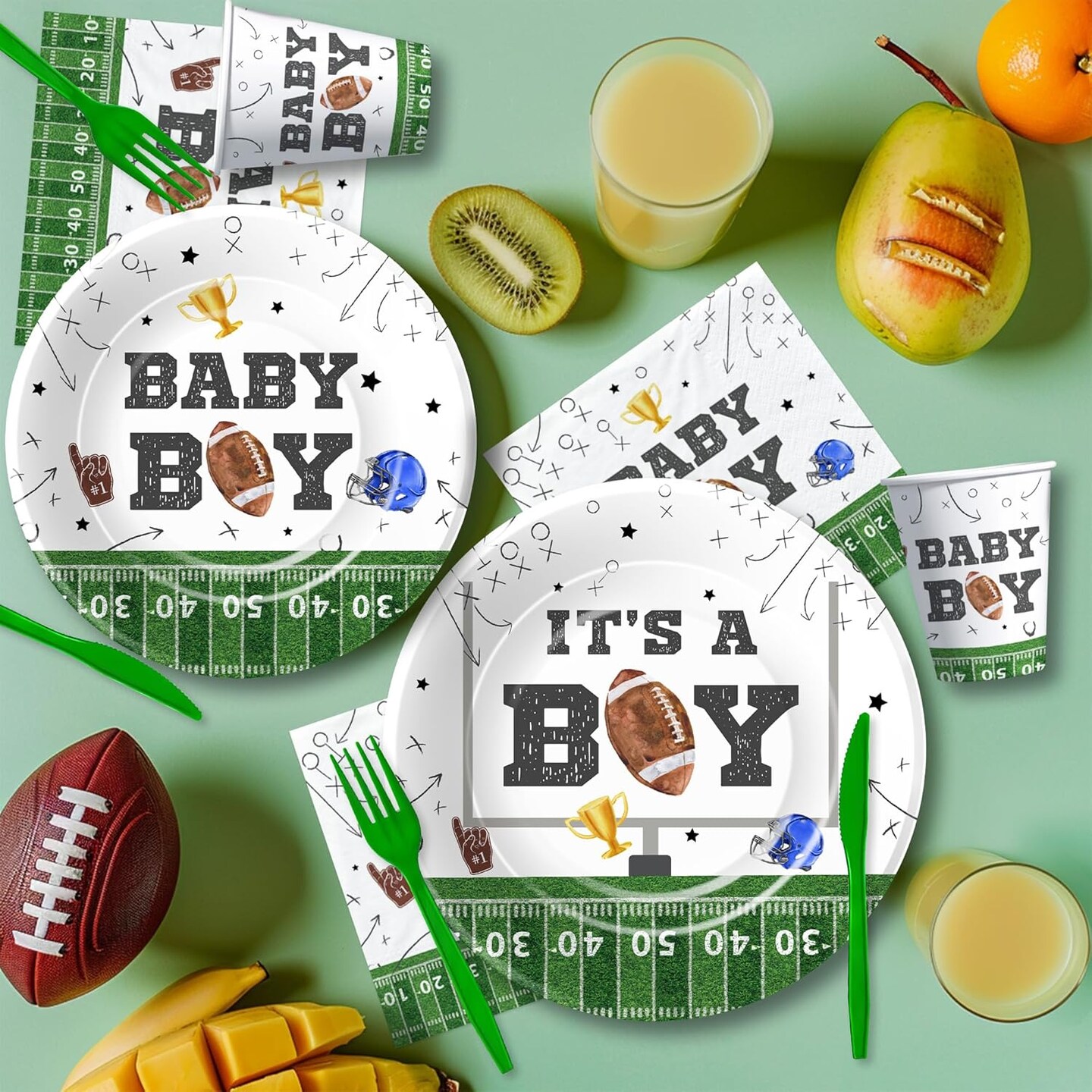 Football Baby Shower Decorations & Tableware Serve 24 (Green, White)
