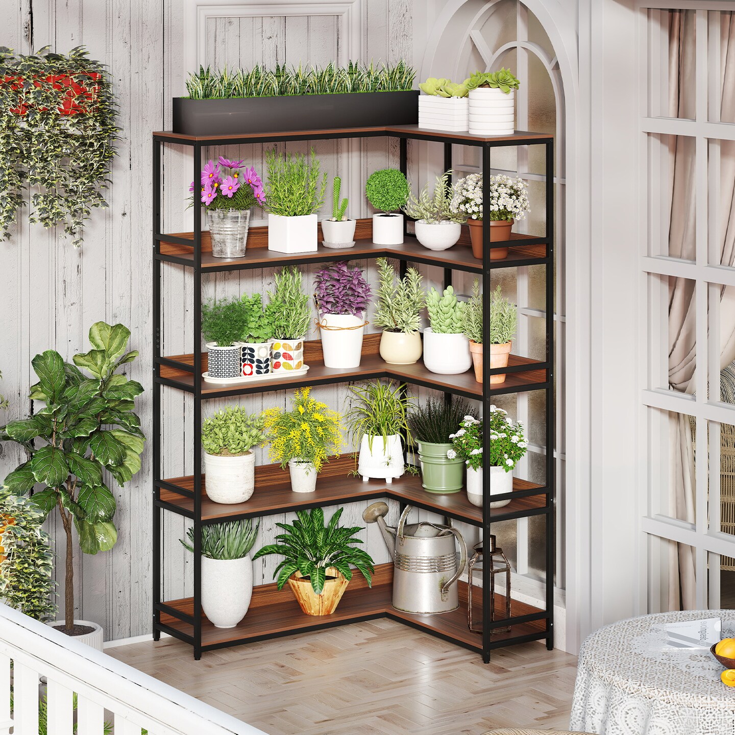 Walnut Metal Engineered Wood L-Shaped Bookshelf with 5 Shelves and Anti-Tip Kits