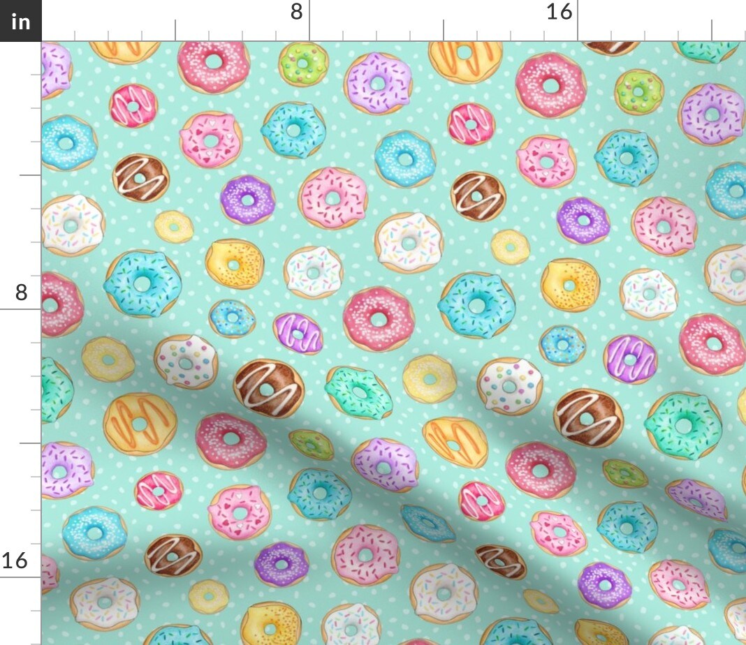 Scattered Rainbow Donuts Mint Colourful Fun Sweet Food Treat Custom Printed Fabric by Spoonflower Various Fabrics by the Yard or Fat Quarter