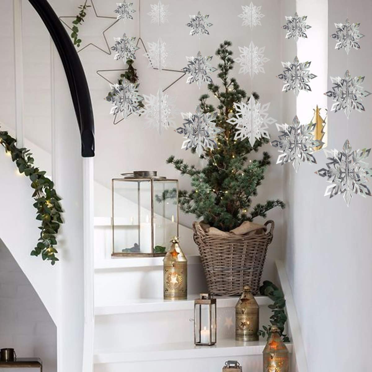 3D 3 Size Hanging Snowflakes Ornaments - Silver-White 18pcs