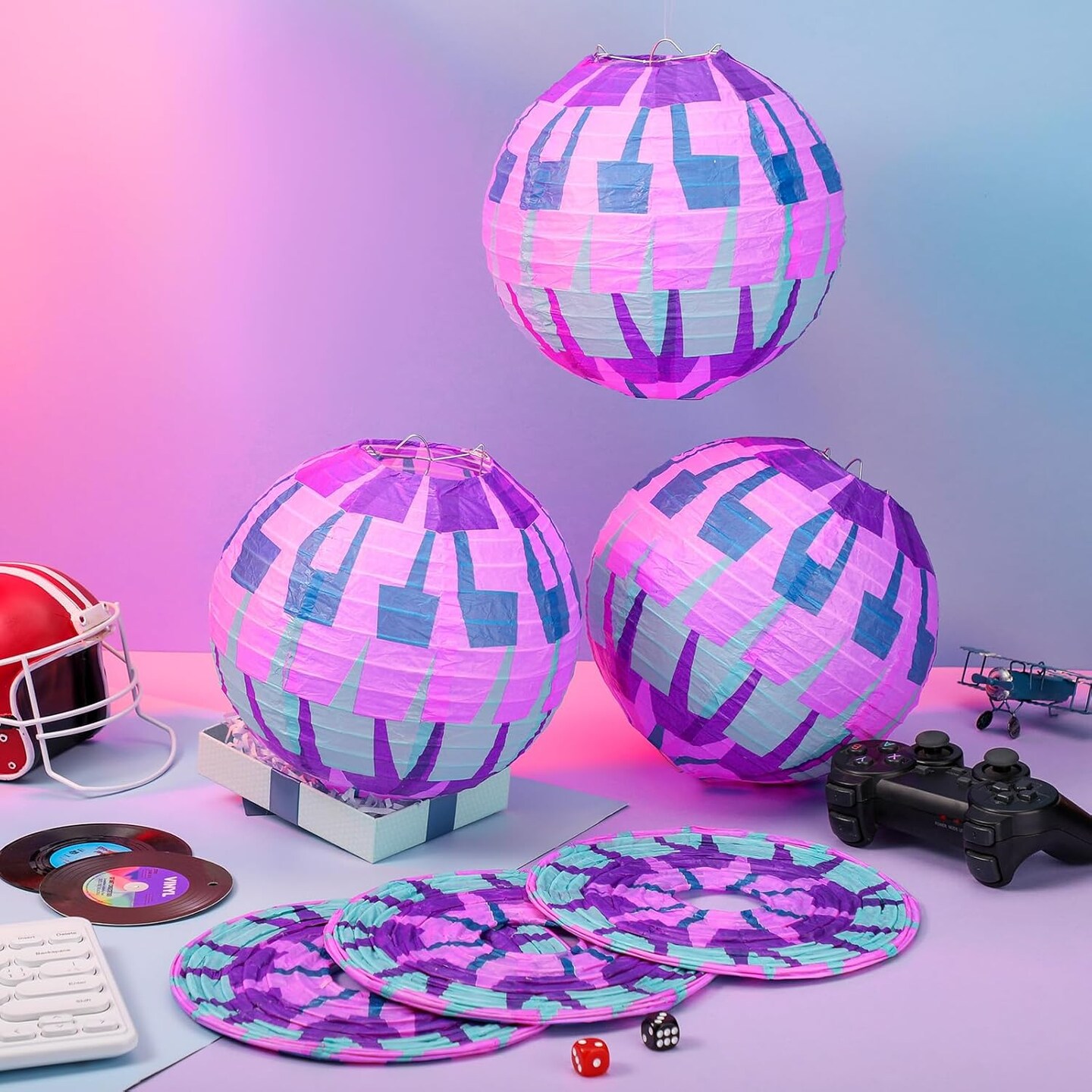 12 Pcs Video Games Themed Paper Lanterns 8 Inch Llama Theme Party Paper Lanterns Purple Blue Pi&#xF1;ata Gaming Hanging Decorations for Game Fans