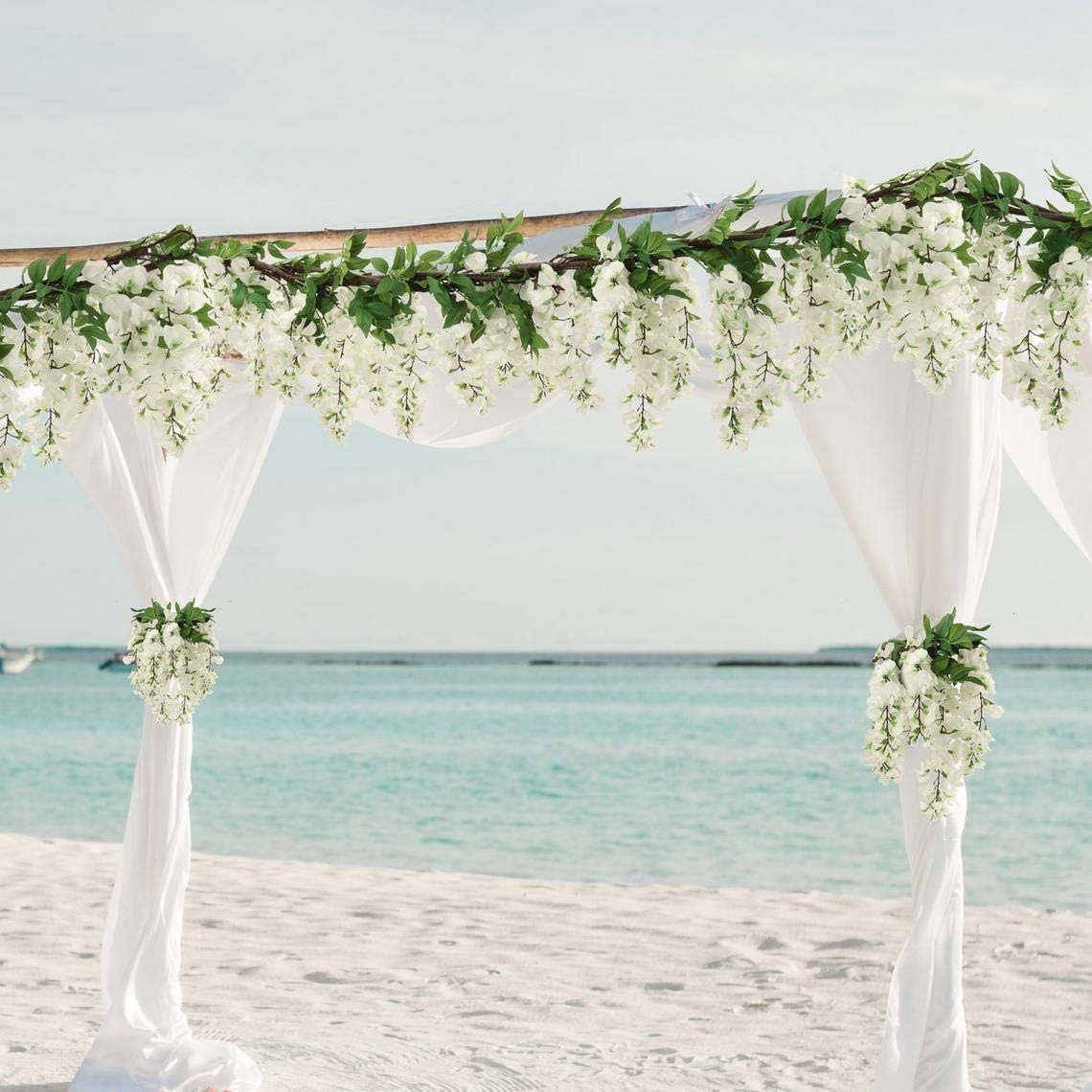 2PC Floral Home 60&#x22; Luxurious White Silk Wisteria Garland - 12 Lush Hanging Flowers - Wedding Aesthetics - Home &#x26; Office Embellishments - Floral Accent Piece - Centerpiece Table Decorations Garland