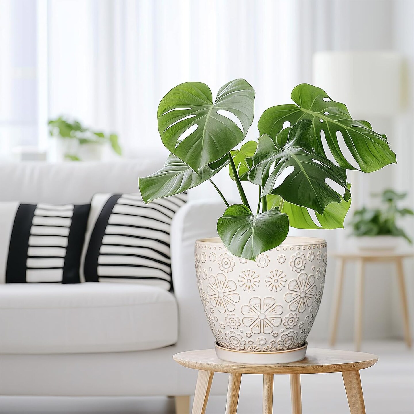 Ceramic Planter with Drainage Hole and Saucer Ceramic Pots - 8 Inch, Petit-flower Petal White