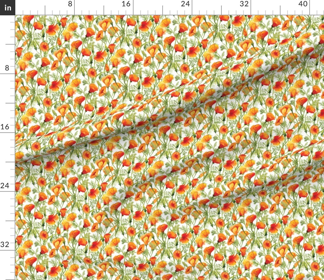 California Poppies Small Wildflower Watercolor Botanical Poppy Pacific Northwest West Coast Custom Printed Fabric by Spoonflower Various Fabrics by the Yard or Fat Quarter